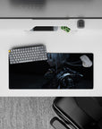 Dark teal sci-fi anime girl mouse pad 28x12 inches with cool sparks on charcoal shadows.