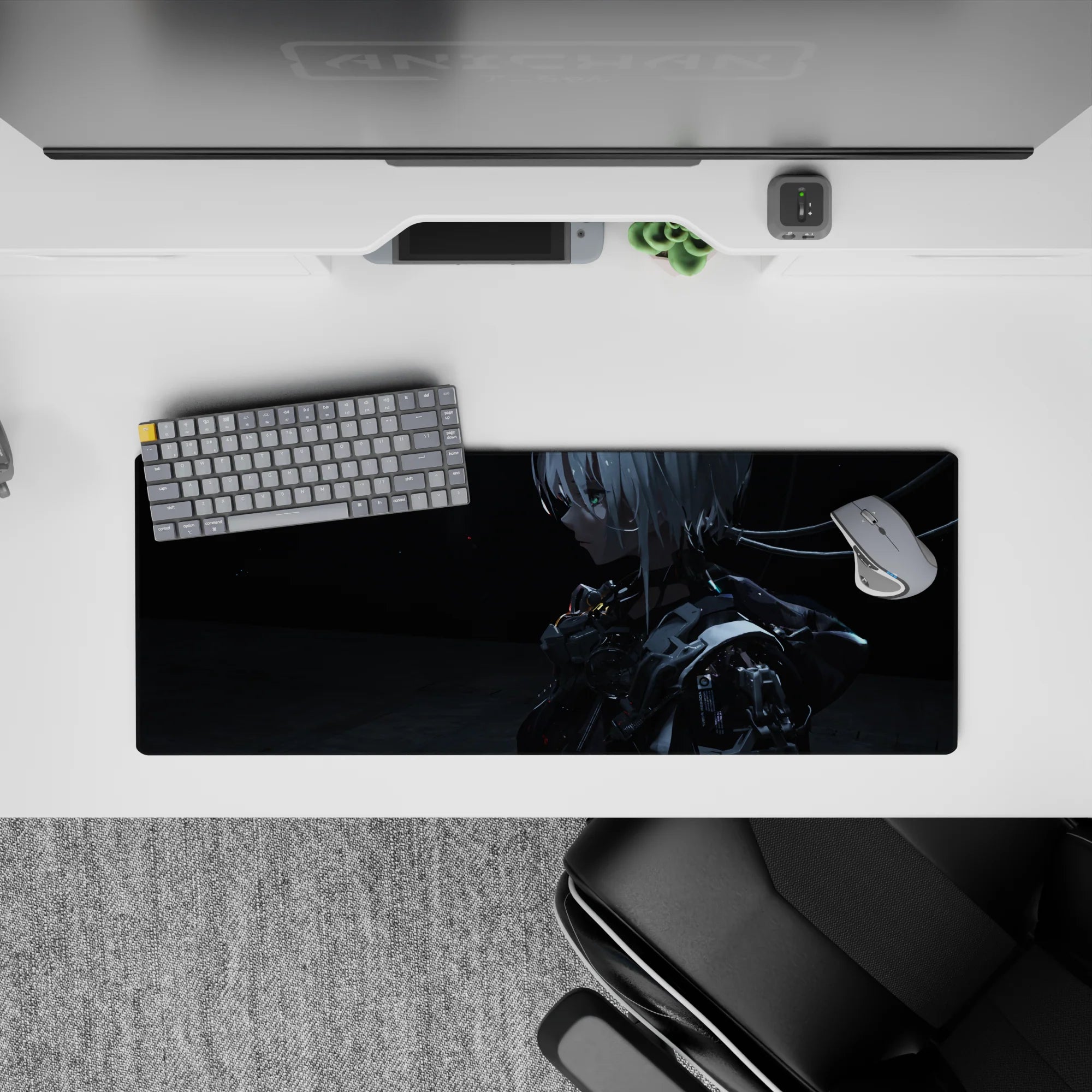 32x12 inches anime girl mouse pad in cool teal sparks and deep charcoal shadows, dark cyberpunk mood.