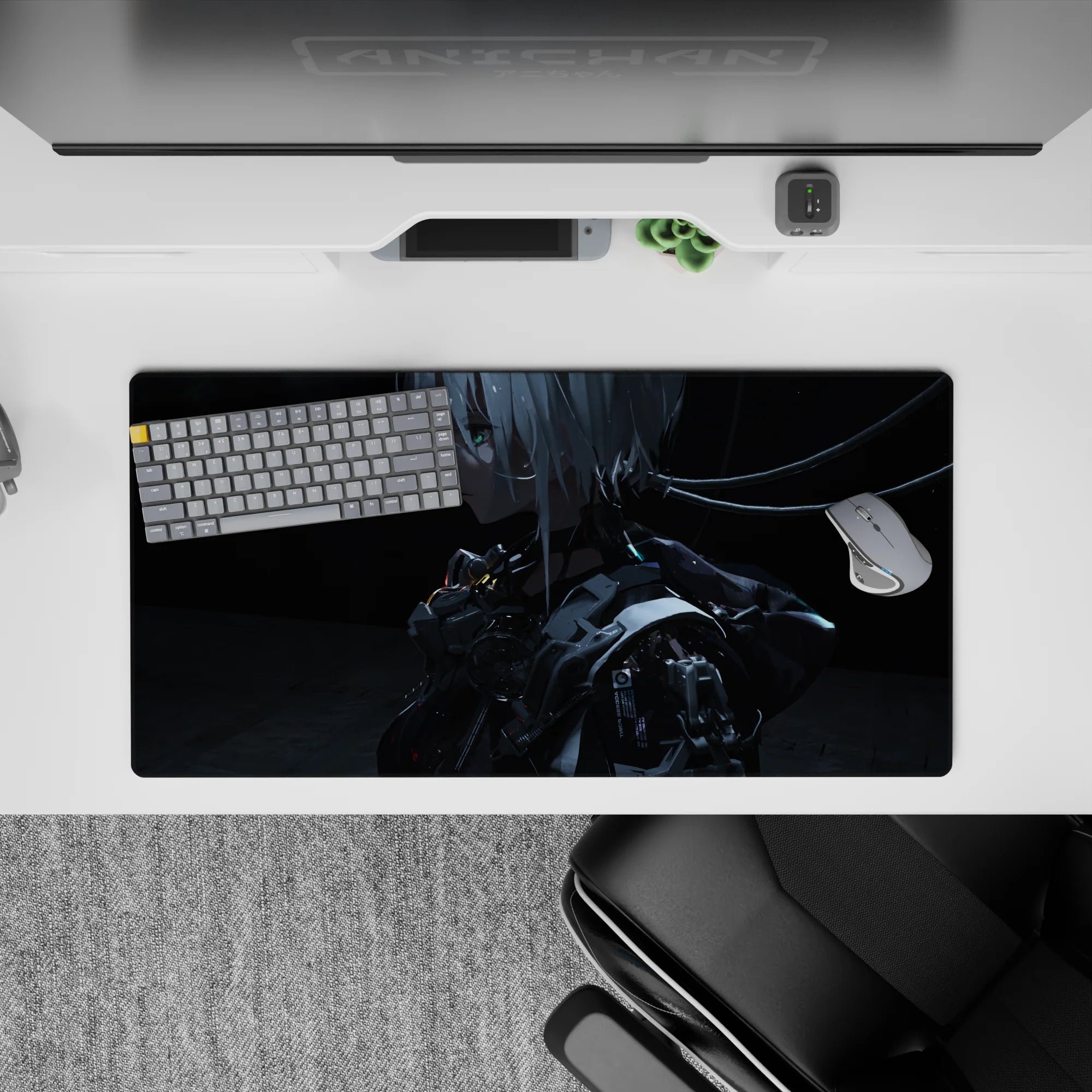 Moody teal-lit sci-fi anime girl mouse pad 32x16 inches in deep charcoal shadows, cinematic.