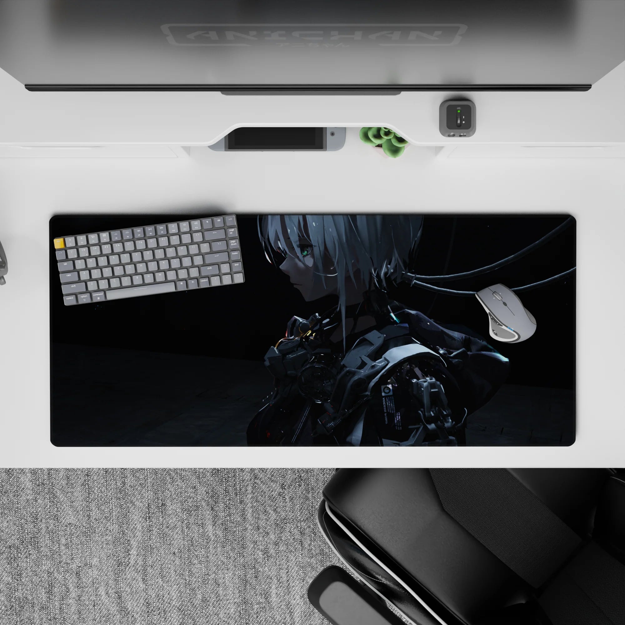 Moody teal-lit sci-fi anime desk pad 36x16 inches, deep charcoal shadows with metallic highlights.