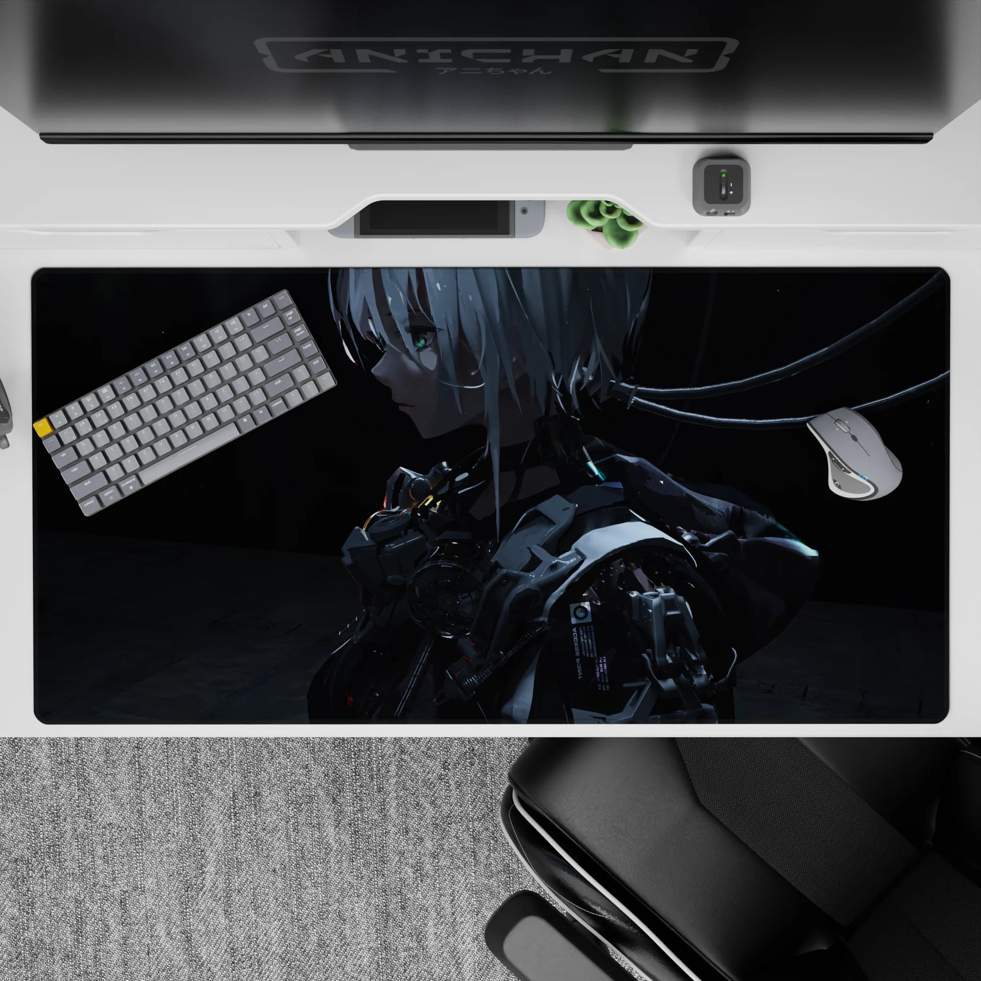 Dark teal sci-fi anime desk pad 40x20 inches with cool sparks on deep charcoal shadows.