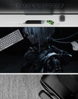 Dark teal sci-fi anime desk pad 40x20 inches with cool sparks on deep charcoal shadows.