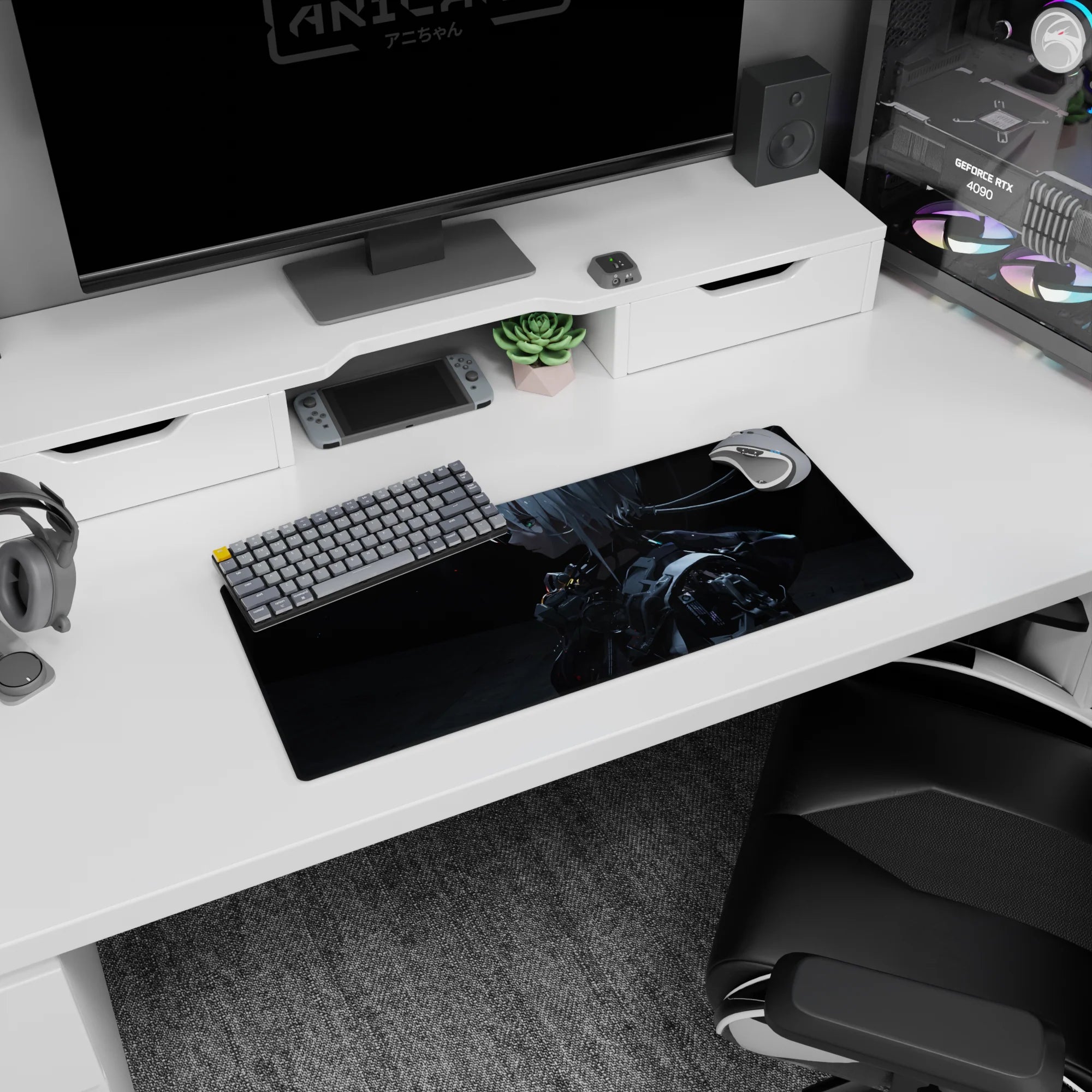 Cinematic profile of silver-haired android girl in armor, anime desk mat mouse pad 28x12 inches.