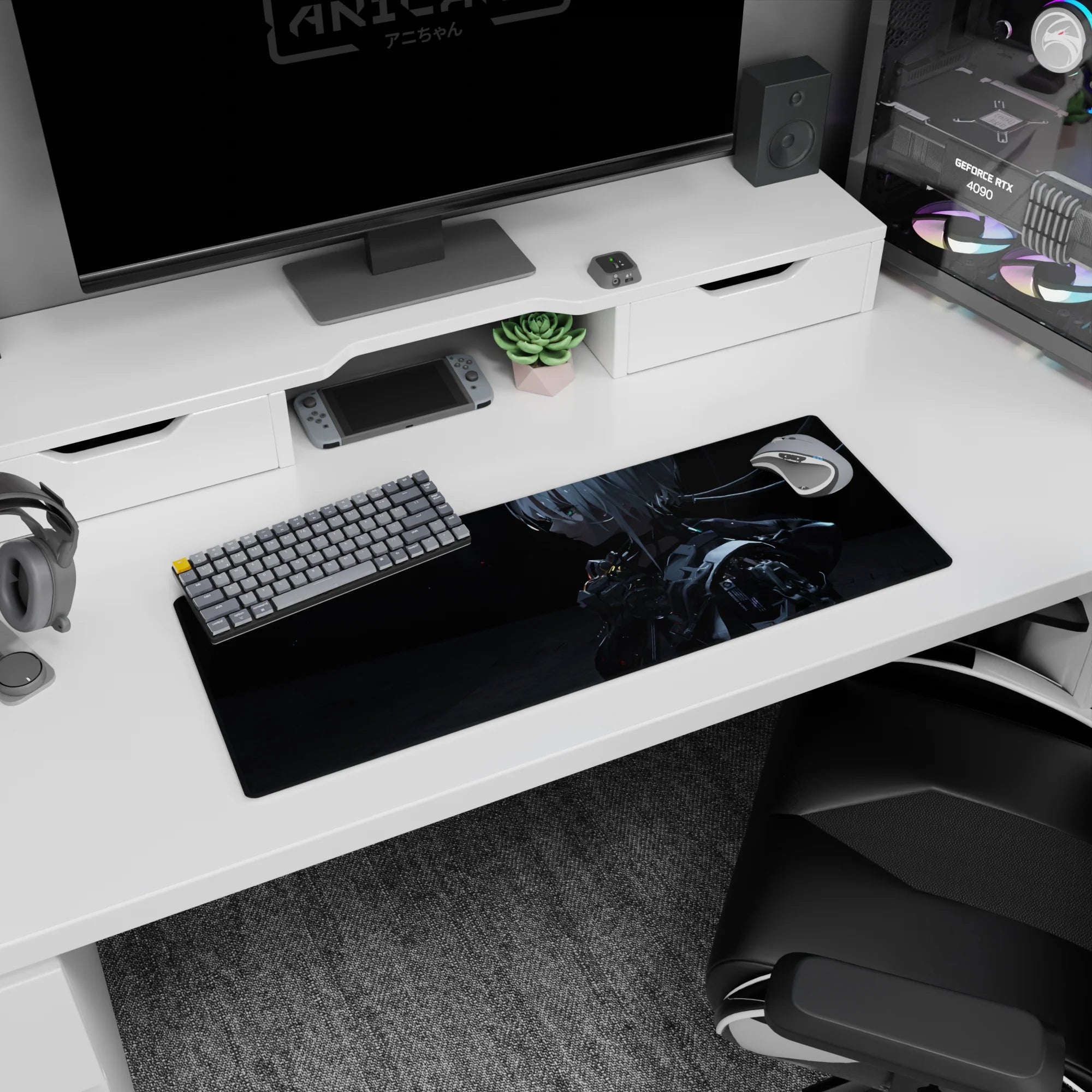 32x12 inches anime girl mouse pad featuring a silver-haired android girl, soft face, sharp tech, night mission lighting.