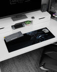 32x12 inches anime girl mouse pad featuring a silver-haired android girl, soft face, sharp tech, night mission lighting.