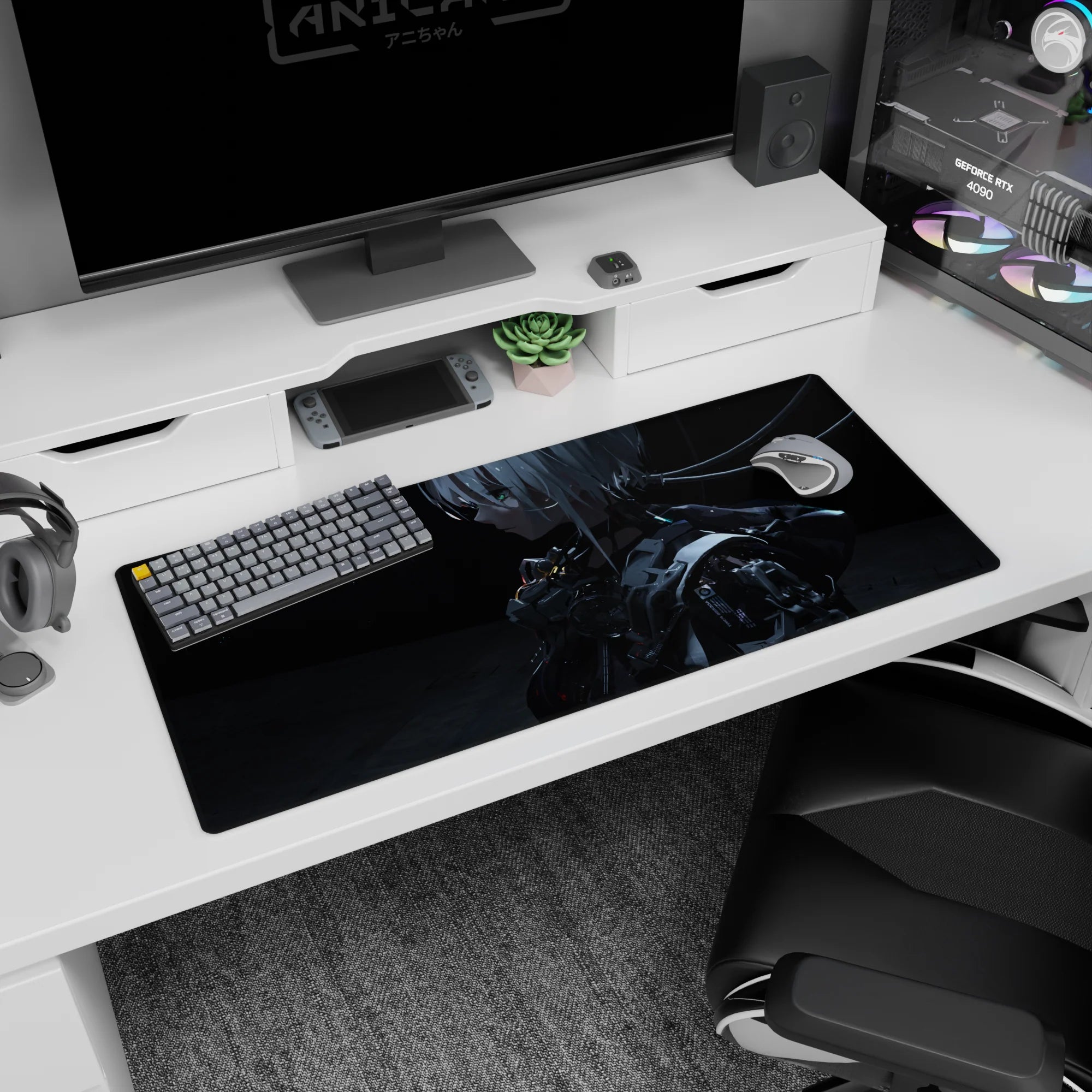 Cinematic profile of a silver-haired android girl with teal sparks on an anime desk pad 36x16 inches.
