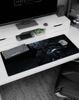 Cinematic profile of a silver-haired android girl with teal sparks on an anime desk pad 36x16 inches.