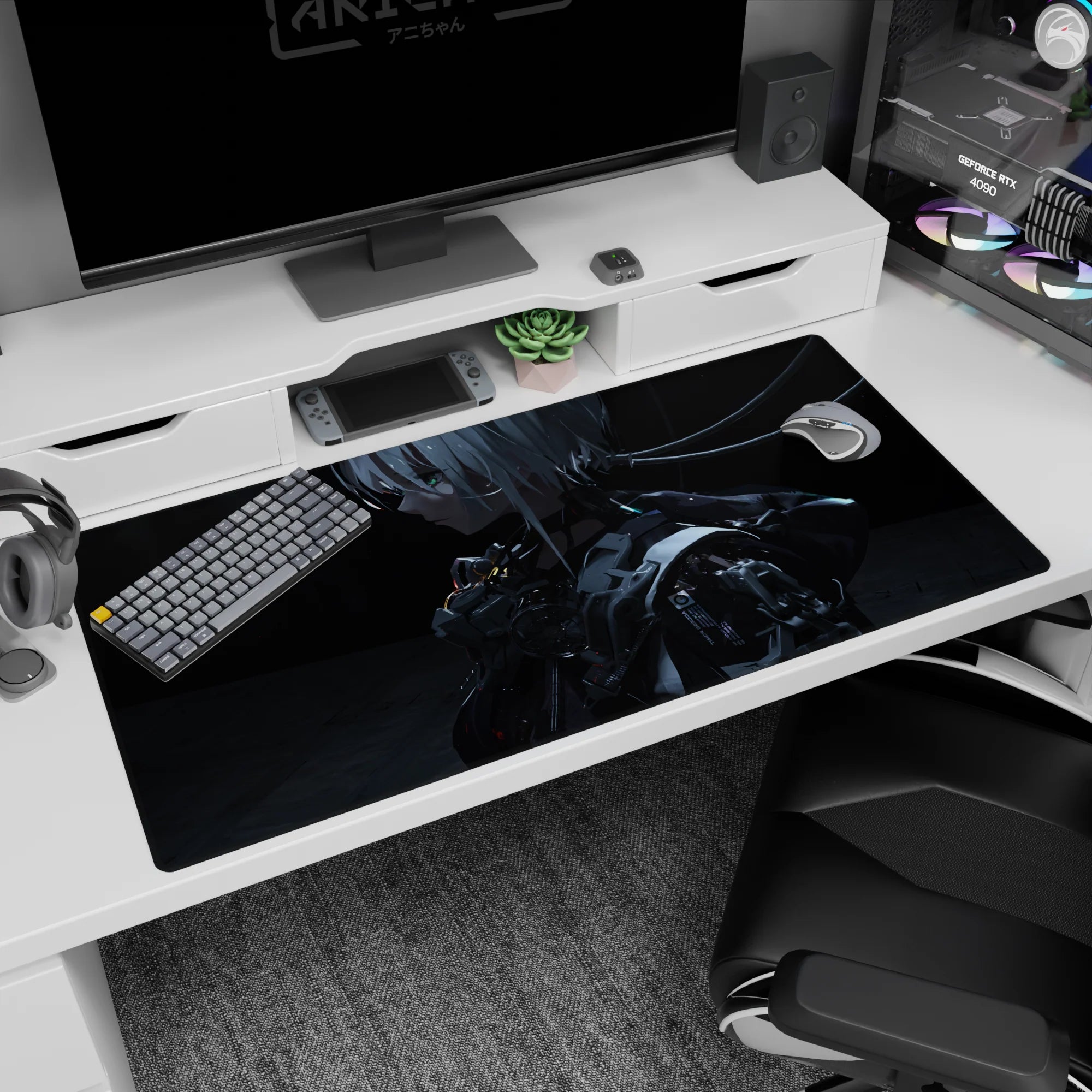 Cinematic profile of a silver-haired android girl in metallic armor on a 40x20 inches desk pad.