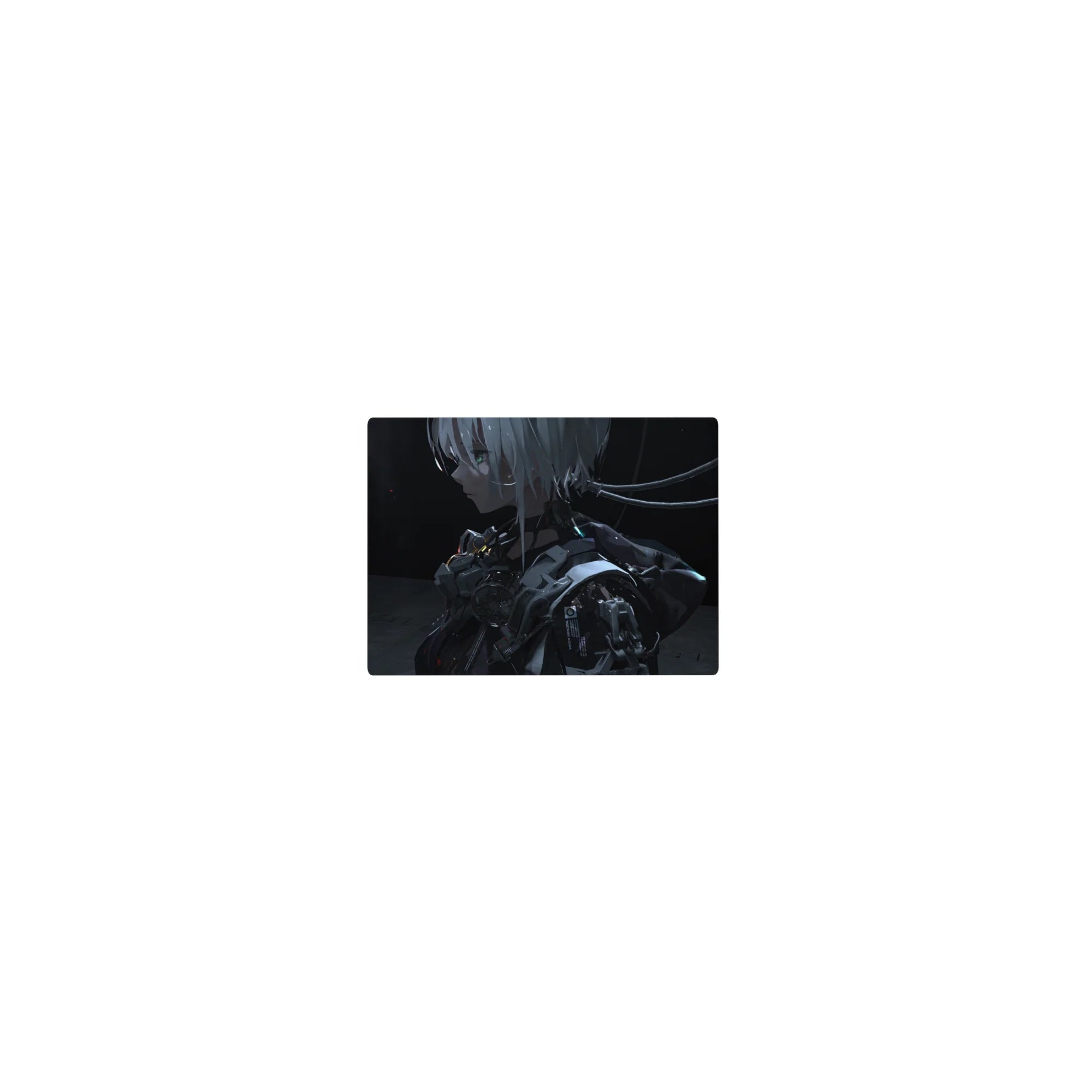 14x10 inches classic anime girl mouse pad with silver-haired android in glossy armor and cable ribbons.