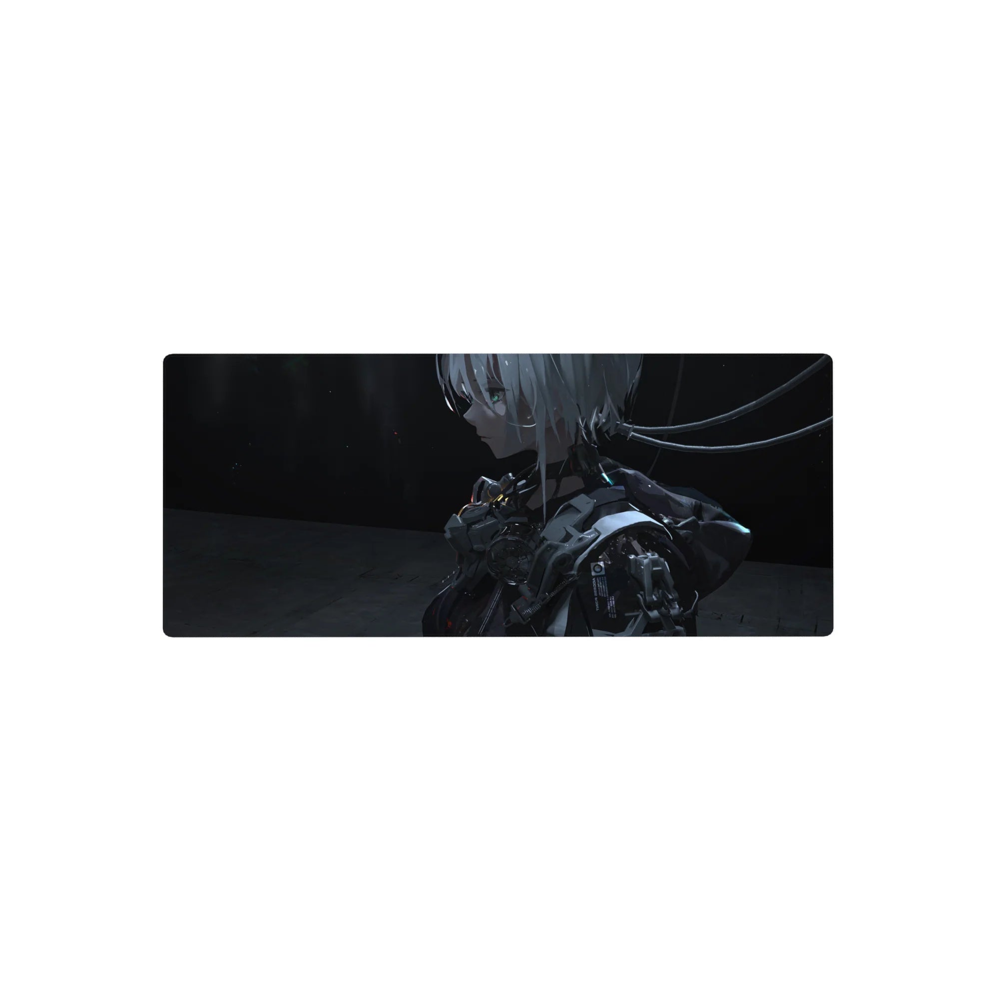 Anime girl mouse pad 28x12 inches with silver-haired android in glossy armor and cable ribbons.