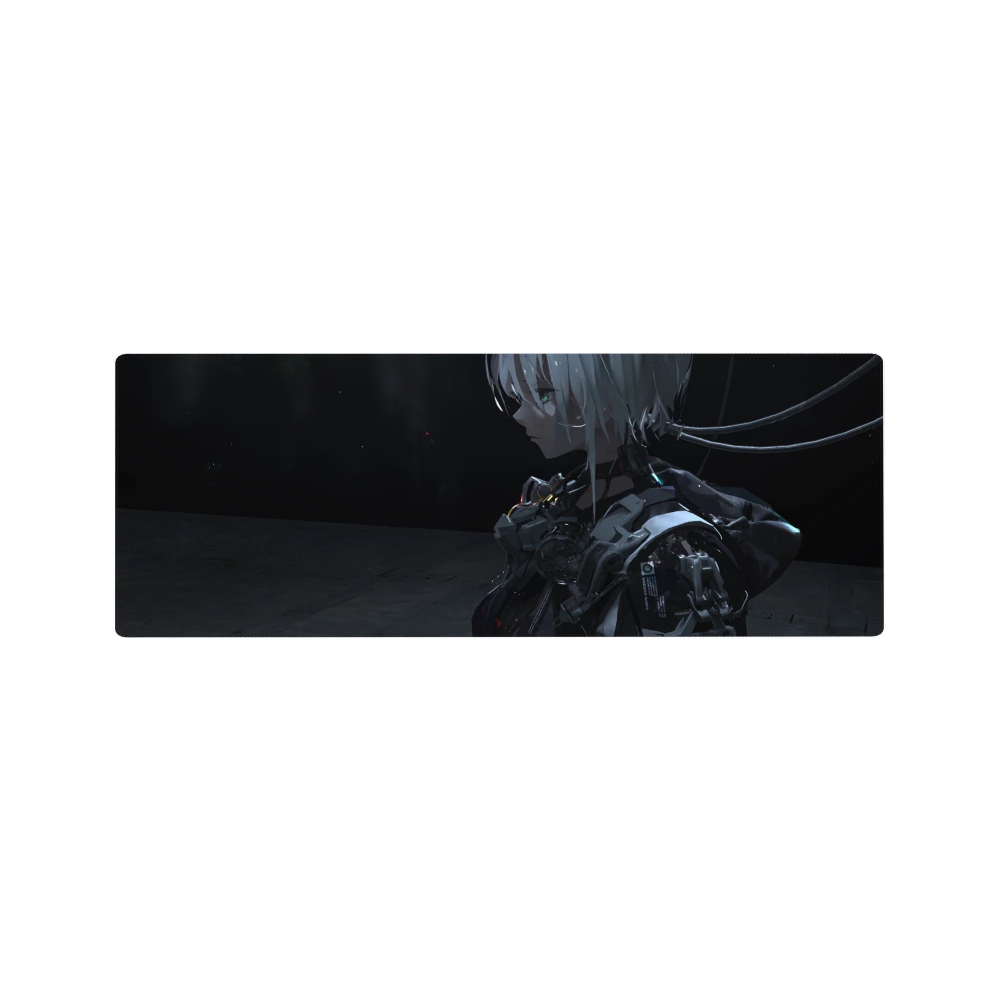 32x12 inches anime girl mouse pad with silver-haired android in glossy armor and cable ribbons, sci-fi profile.