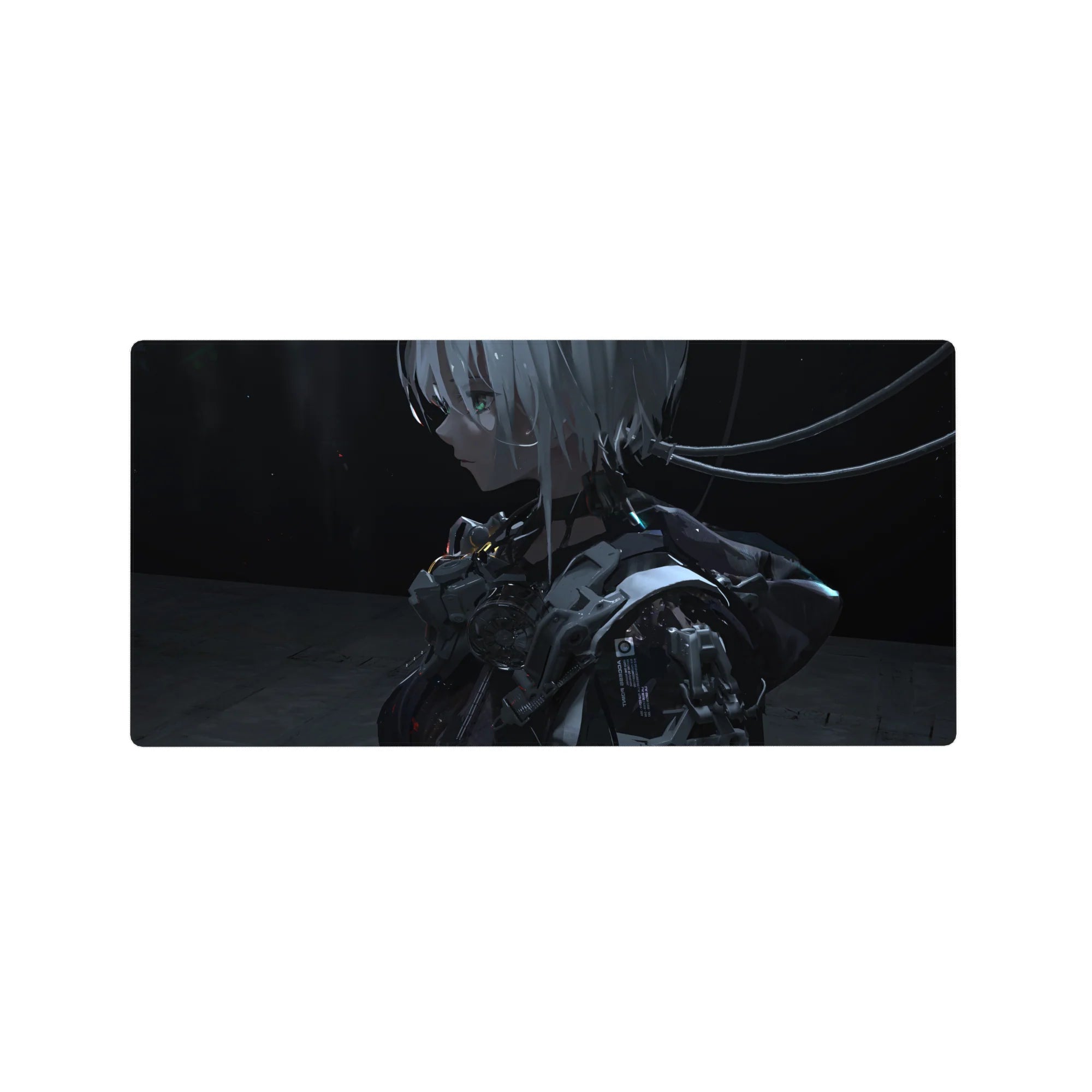 Anime girl mouse pad 32x16 inches with silver-haired android in glossy armor and cable ribbons.