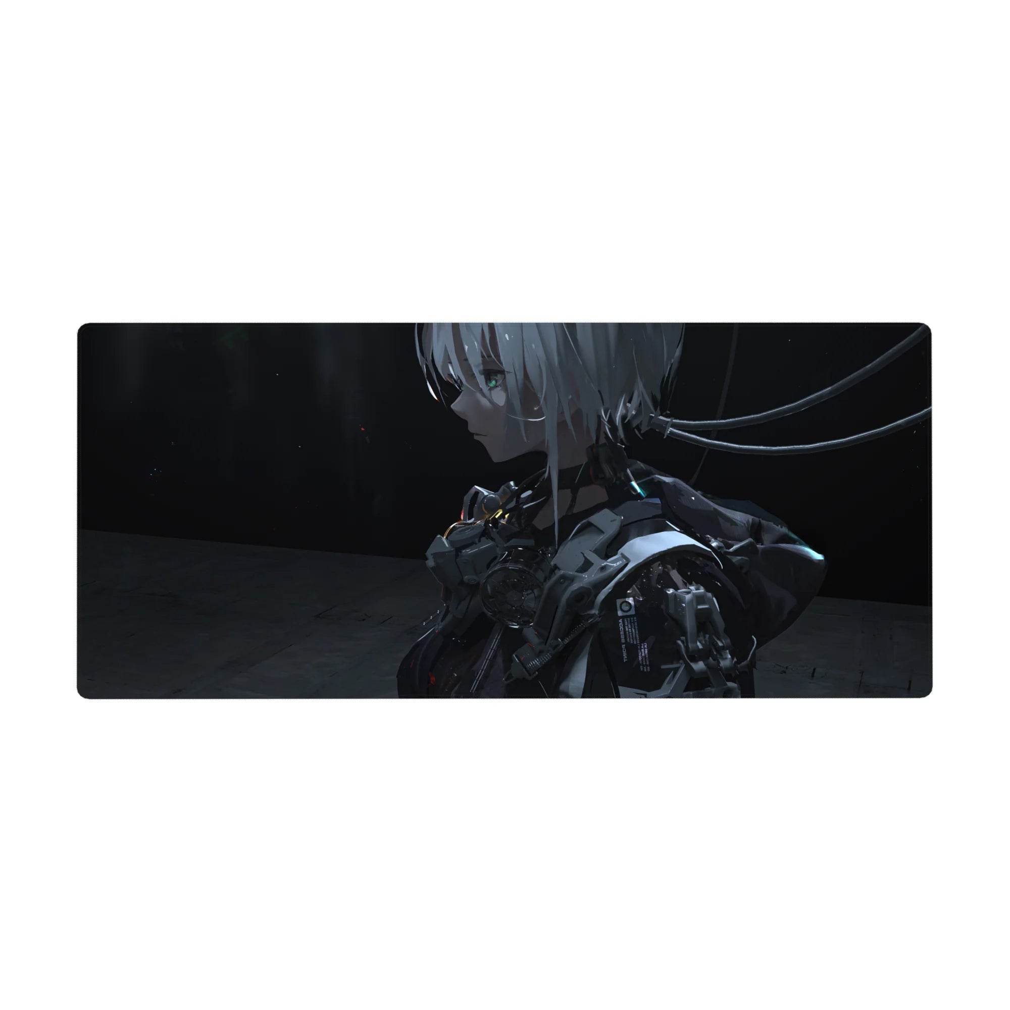 Anime girl desk pad 36x16 inches with silver-haired android in glossy armor and cable ribbons.