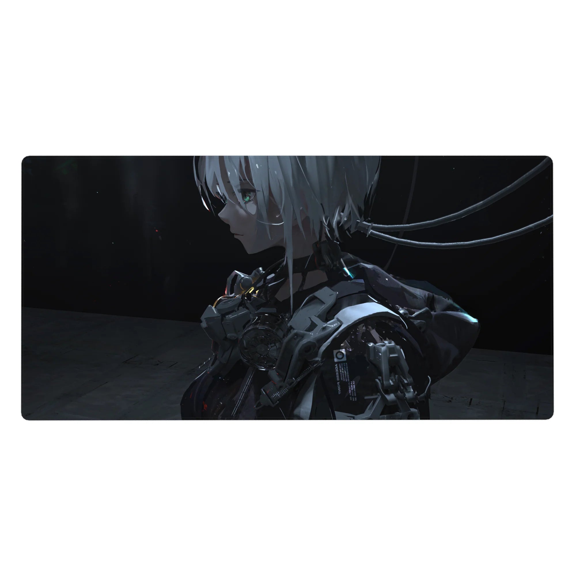 Silver-haired android anime girl desk pad 40x20 inches with glossy armor and cable ribbon details.