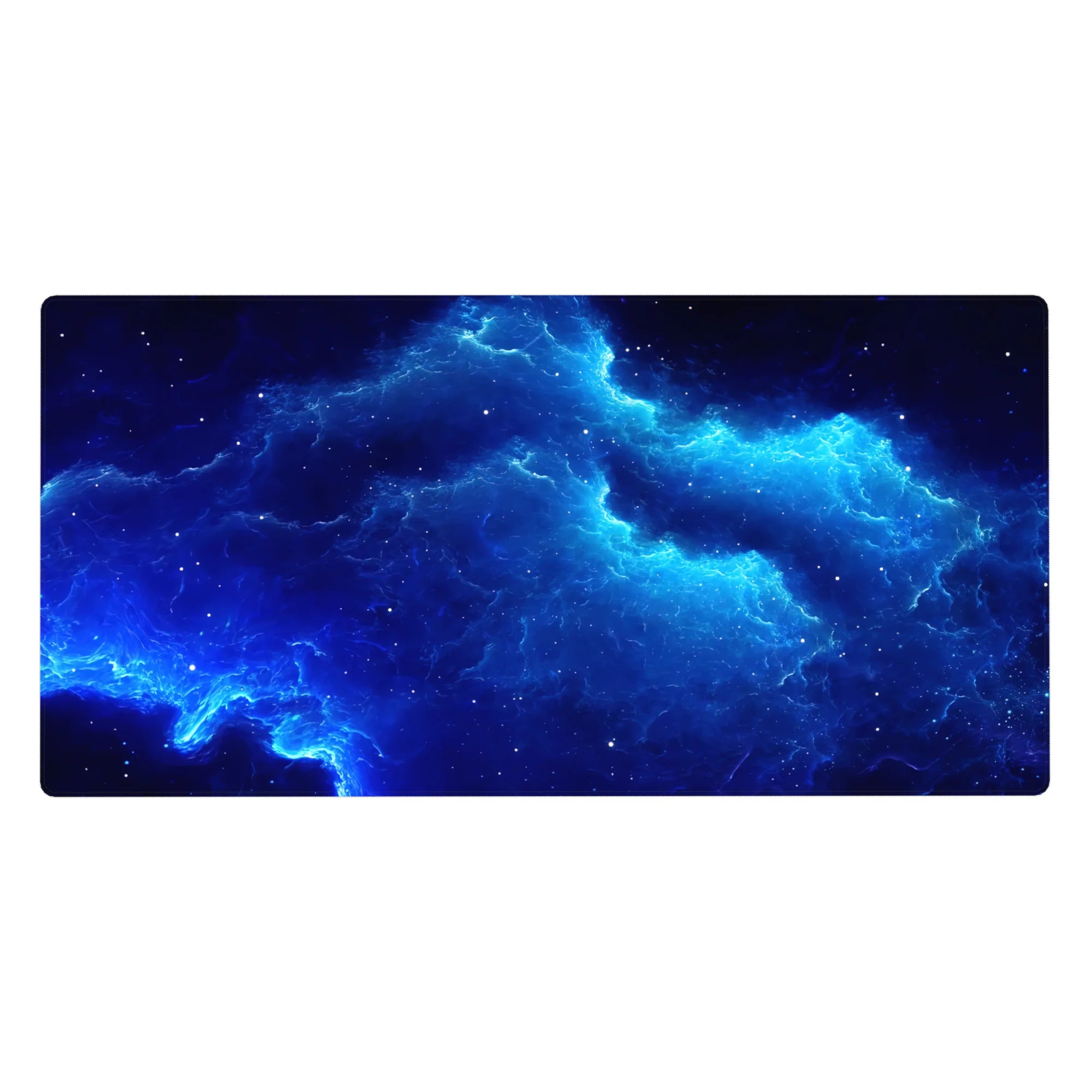 Cosmic starfield desk pad 40x20 inches with electric blue cloud swirls on midnight navy.