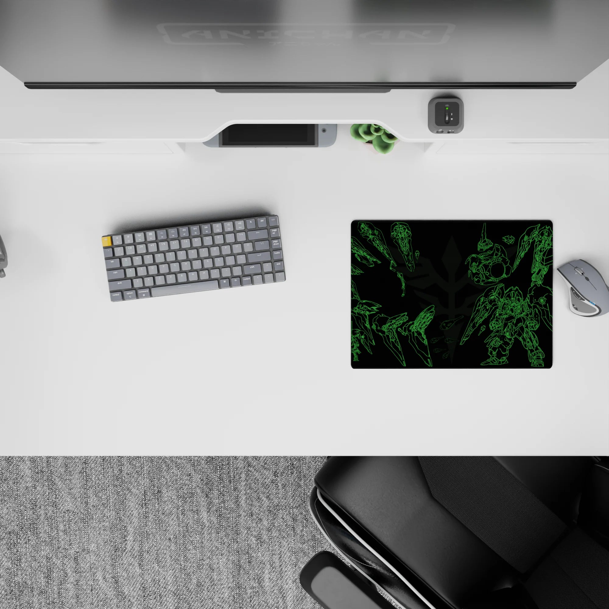 14x10 inches classic anime mouse pad in electric green on deep black, midnight neon hangar vibe.