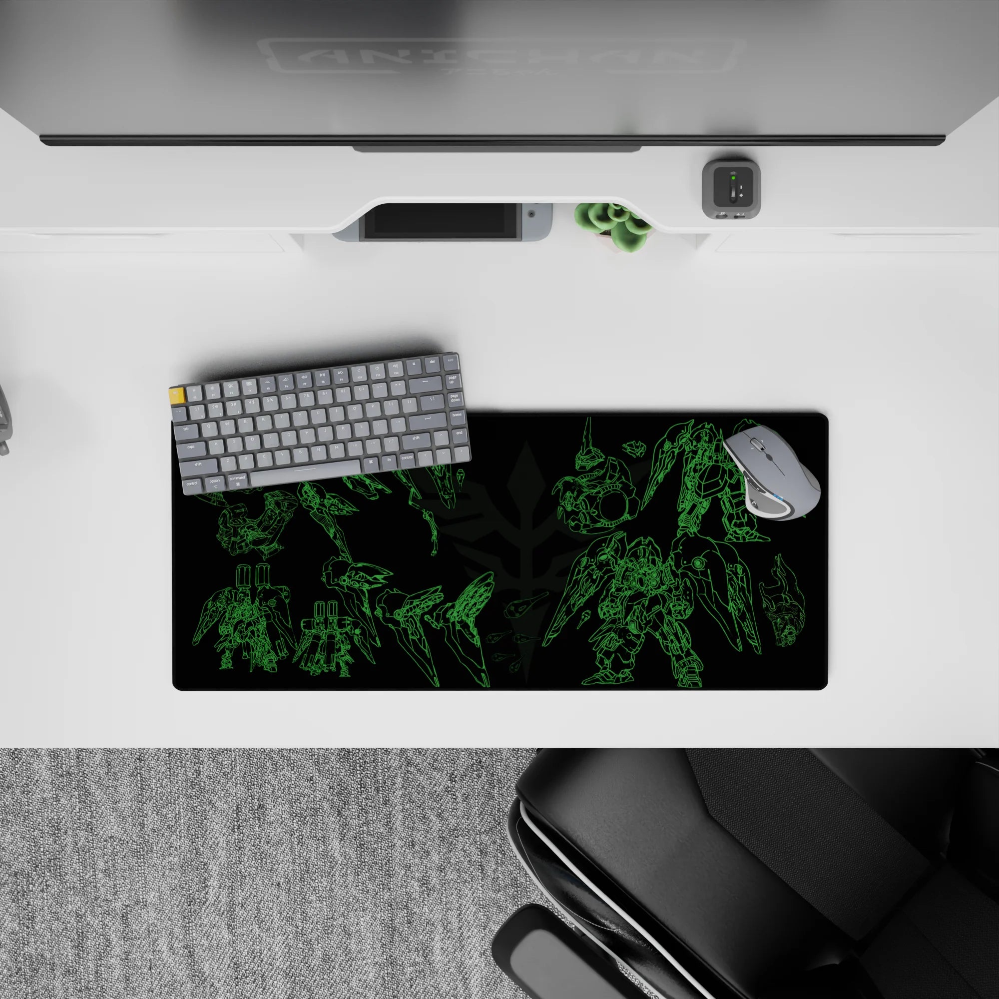 Electric green linework on black anime mouse pad 28x12 inches, sharp sci-fi mecha hangar vibe.
