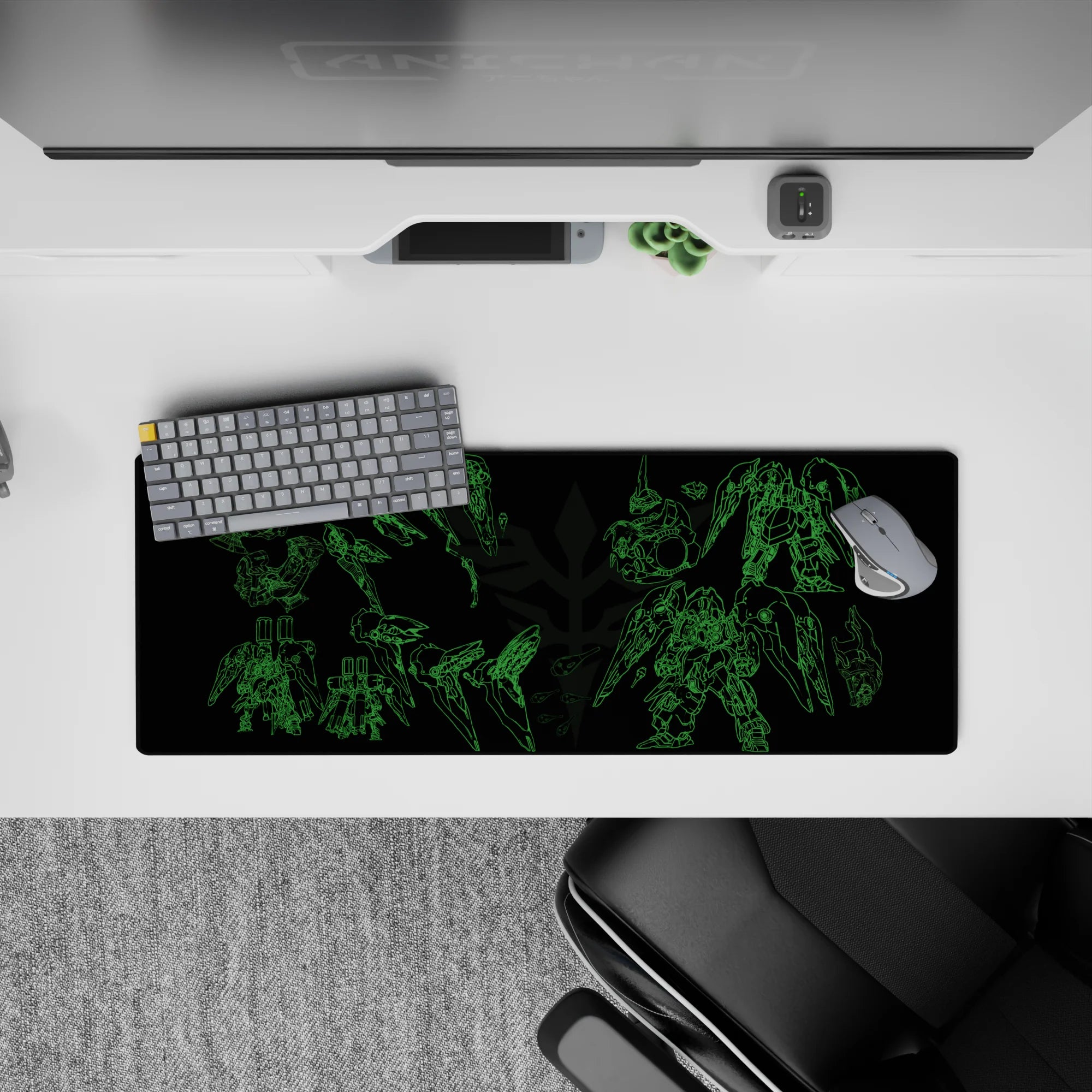 32x12 inches anime mouse pad in electric green line art on deep black, sharp futuristic vibe like a hangar.