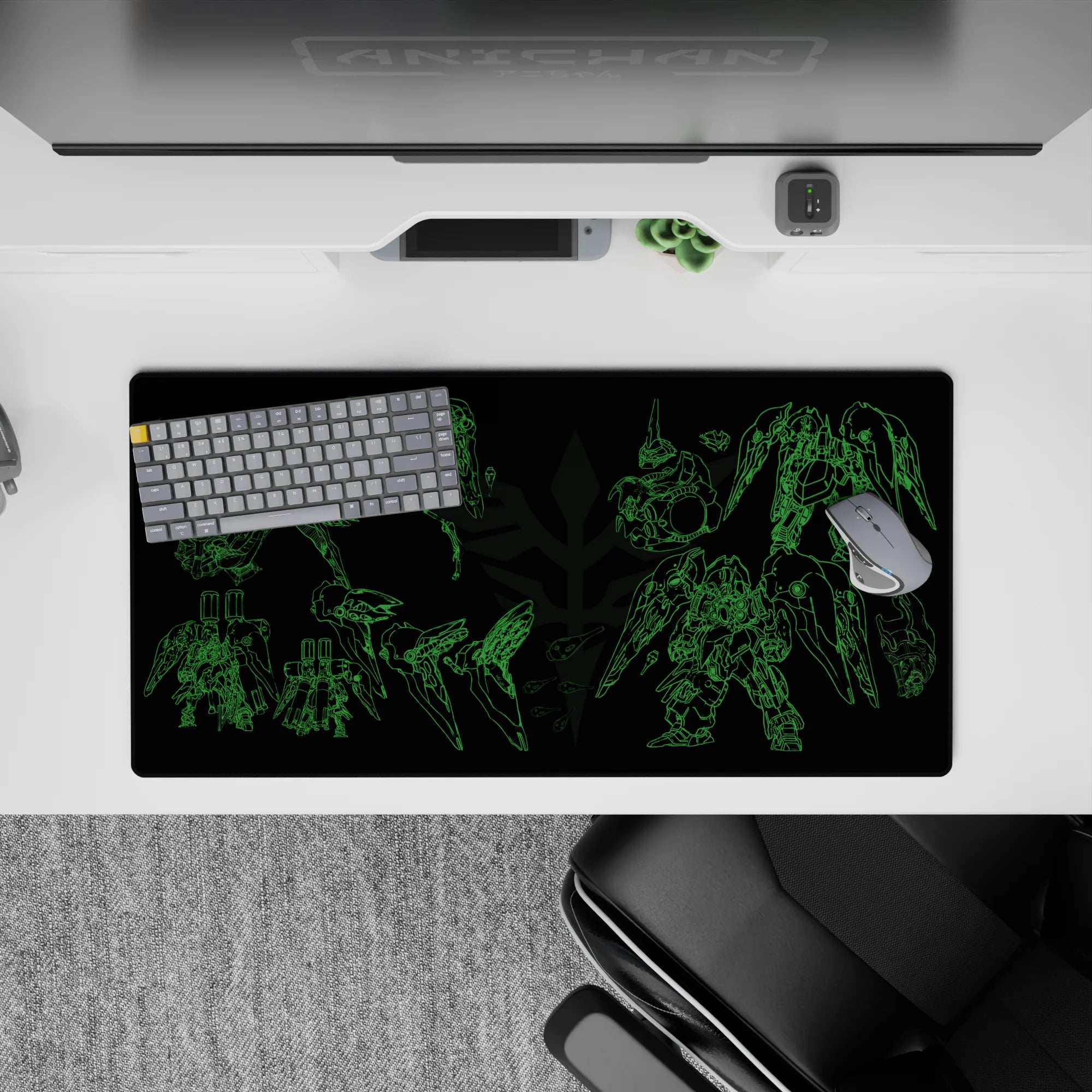 32x16 inches anime mouse pad in neon green line art on black, sleek midnight hangar bay vibe.
