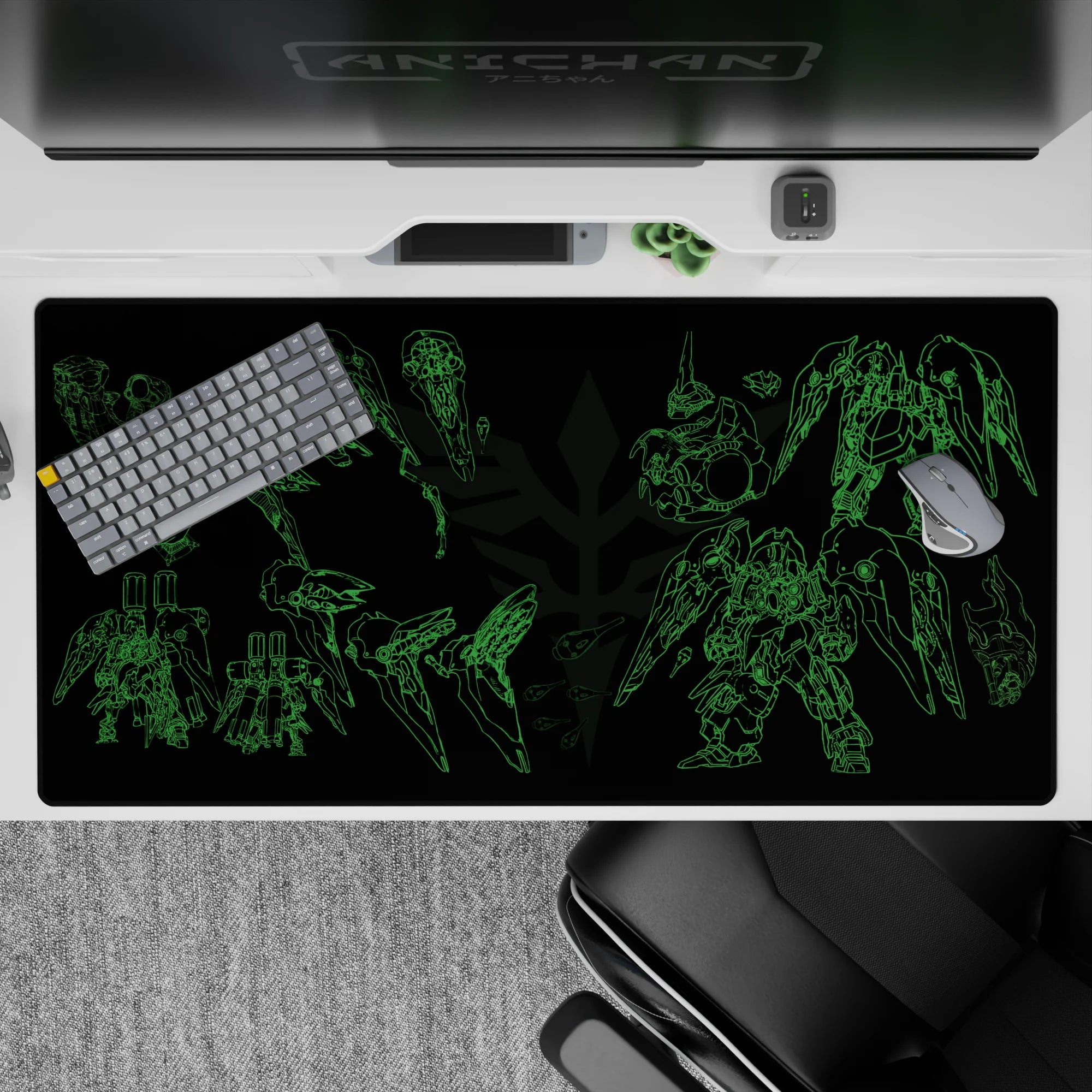 40x20 inches anime mouse pad in neon electric green on black, sleek midnight hangar bay vibe.