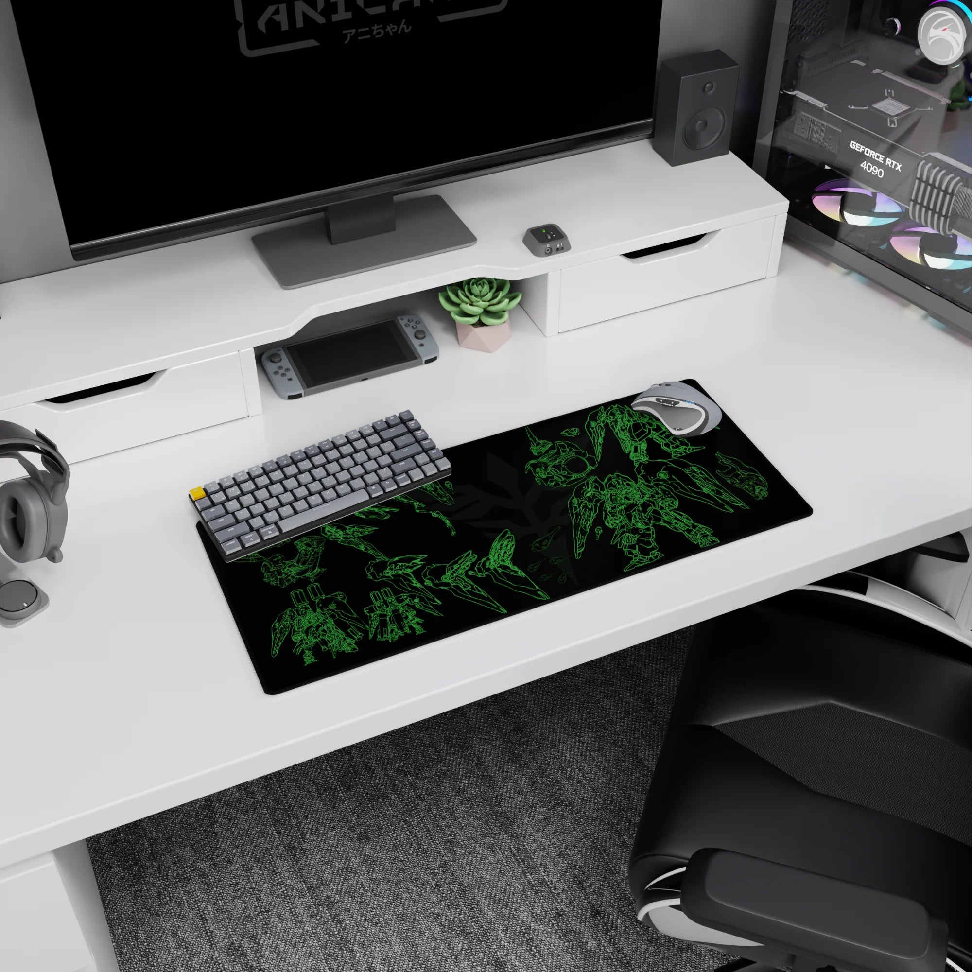 Mobile Suit-style Gundam-like mech schematic anime mouse pad, 28x12 inches, parts floating in order.