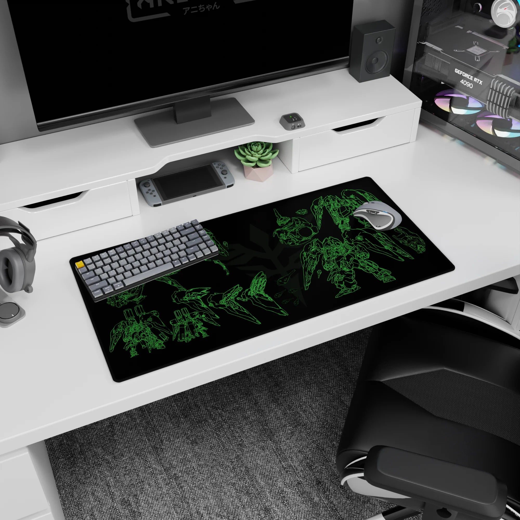 32x16 inches anime mouse pad showing a Mobile Suit-style mech diagram, parts floating like a build plan.