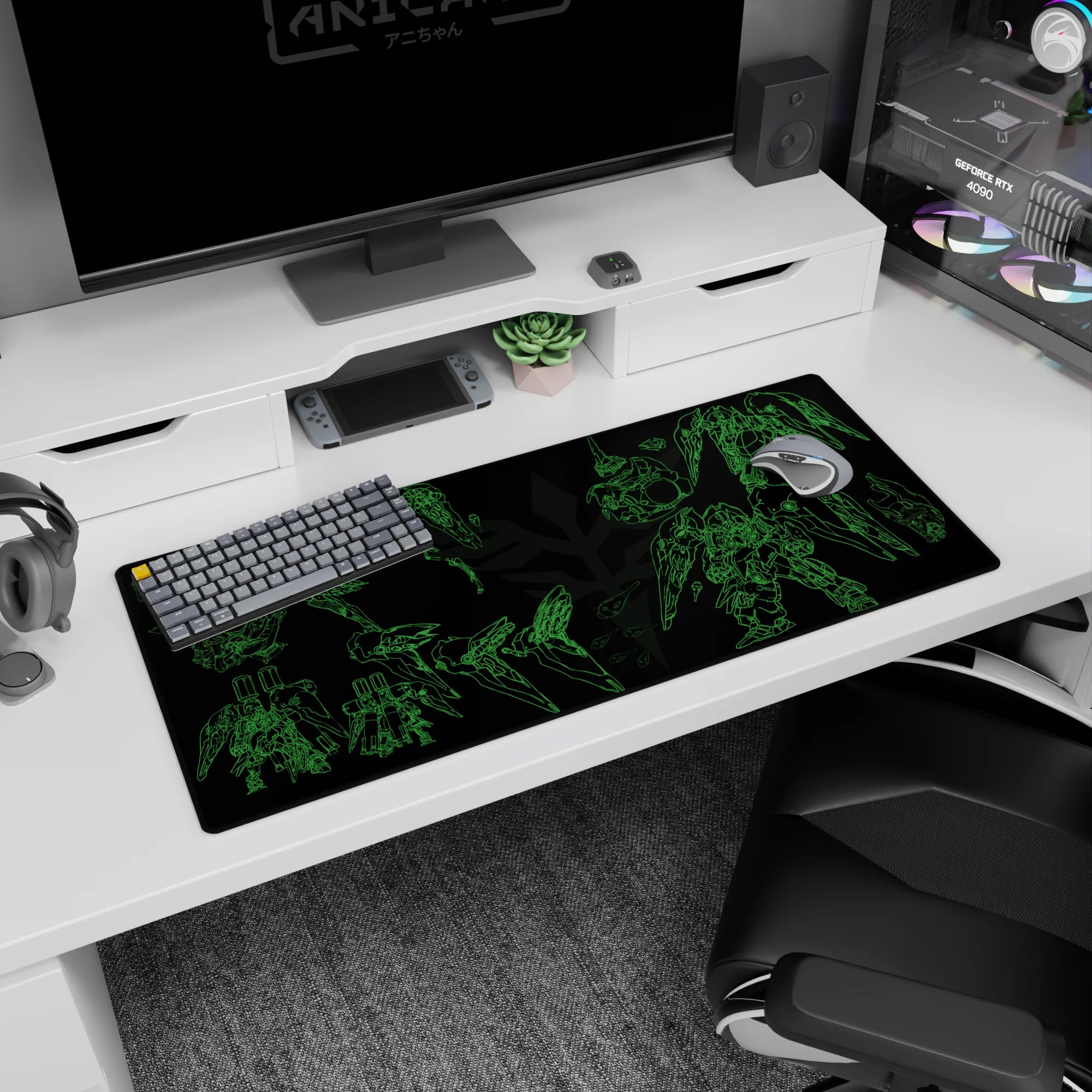 36x16 inches anime desk pad showing a Gundam-style mobile suit schematics scene, parts floating in order.