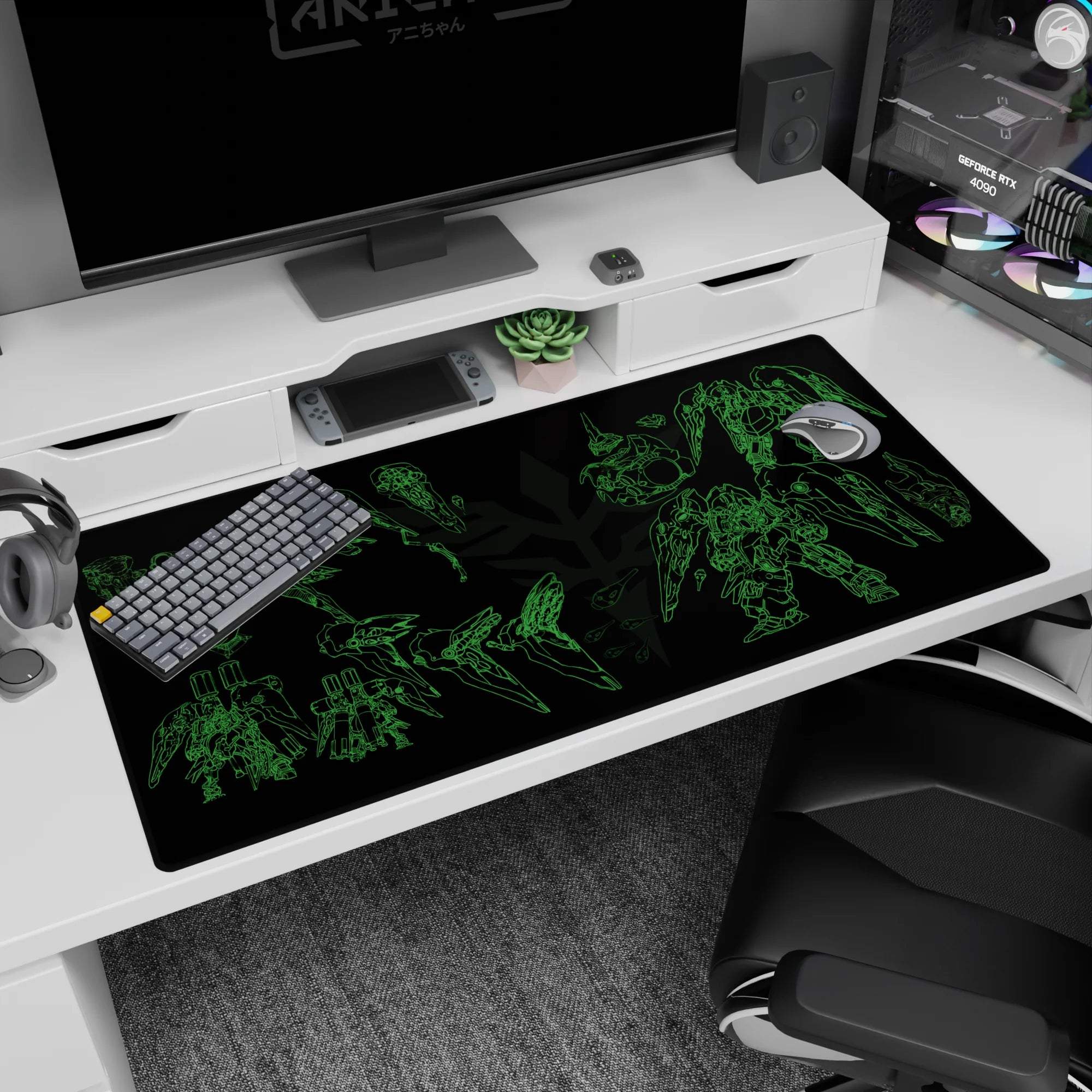 40x20 inches anime desk pad showing a Mobile Suit Gundam-style mech schematic, parts floating in order.