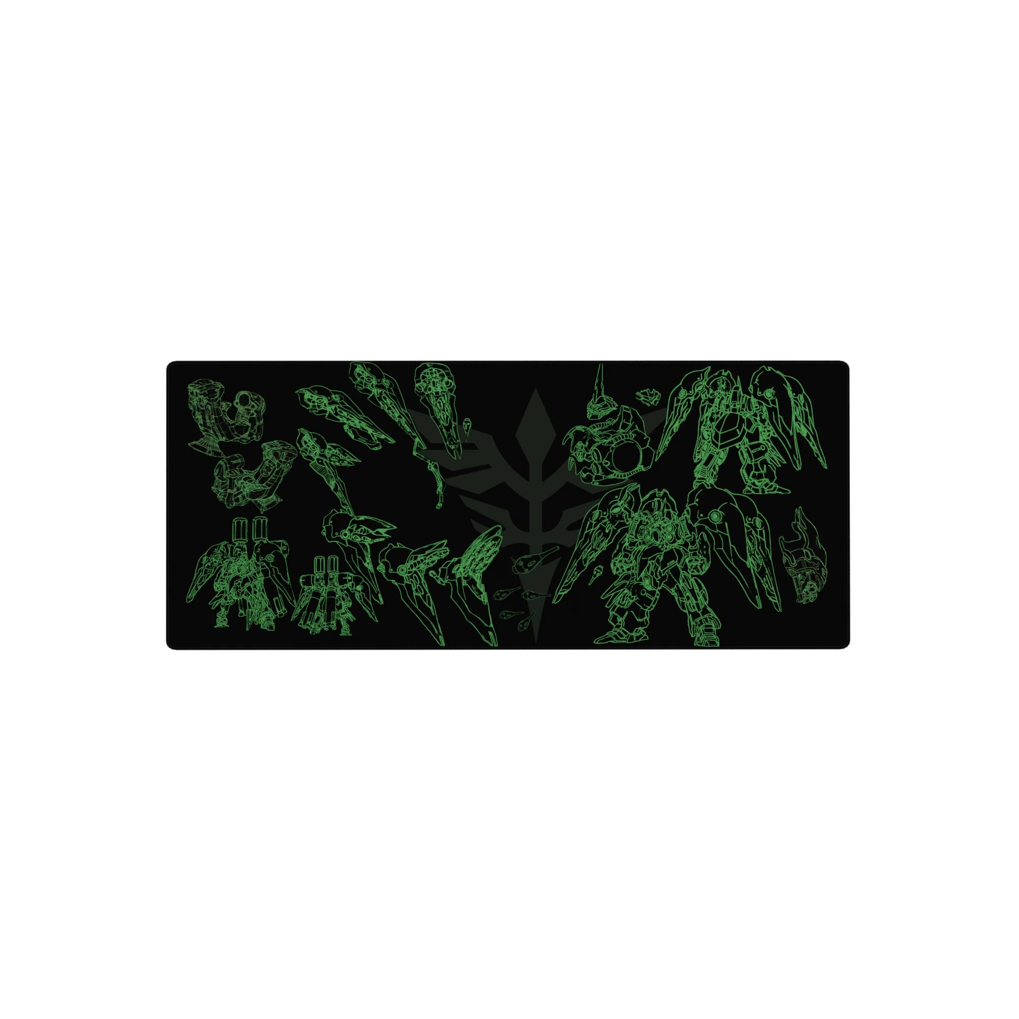 Neon blueprint mecha anime mouse pad, 28x12 inches, with wings, cannons, and armor plate layout.