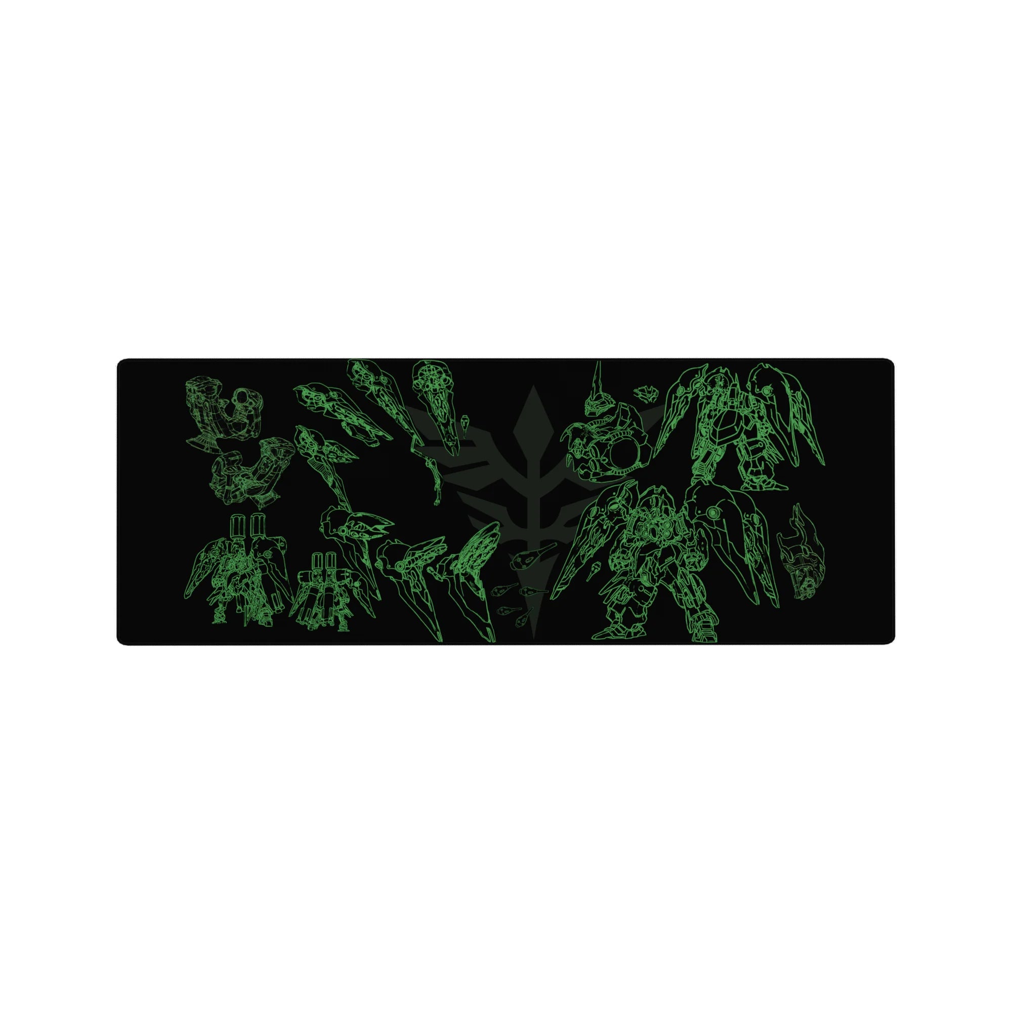 32x12 inches anime mouse pad with neon mecha blueprint layout, wings, cannons, and armor plates on black.