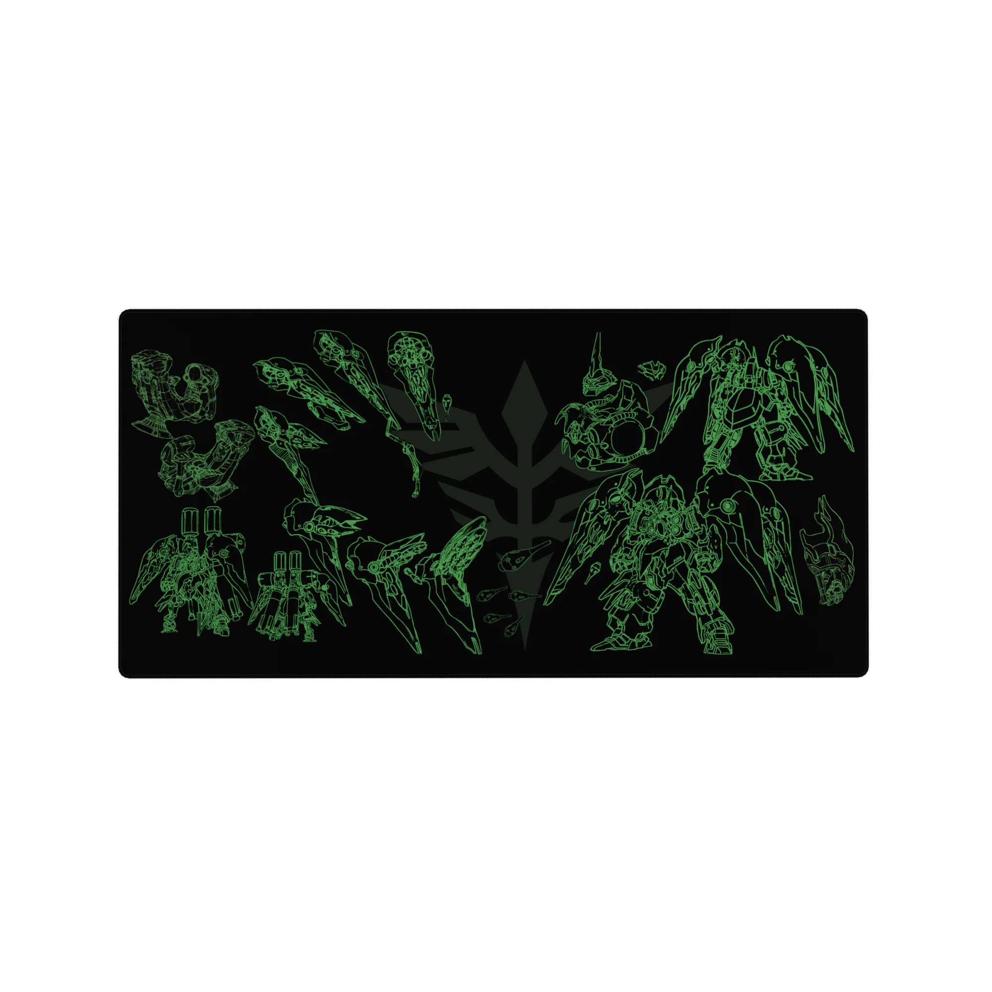 32x16 inches anime mouse pad with Gundam-style mecha blueprint, wings, cannons, and armor parts.