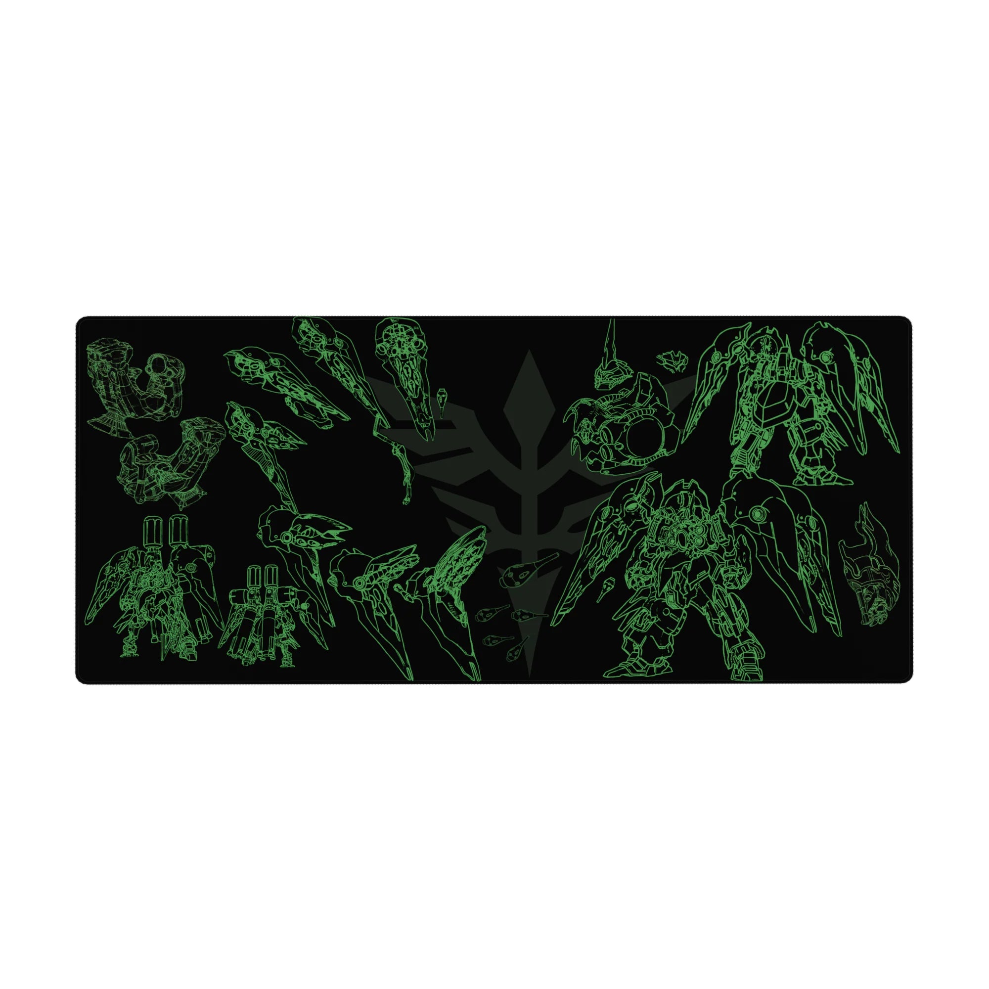 36x16 inches anime desk pad with neon mecha blueprint layout, wings, cannons, and armor parts on black.