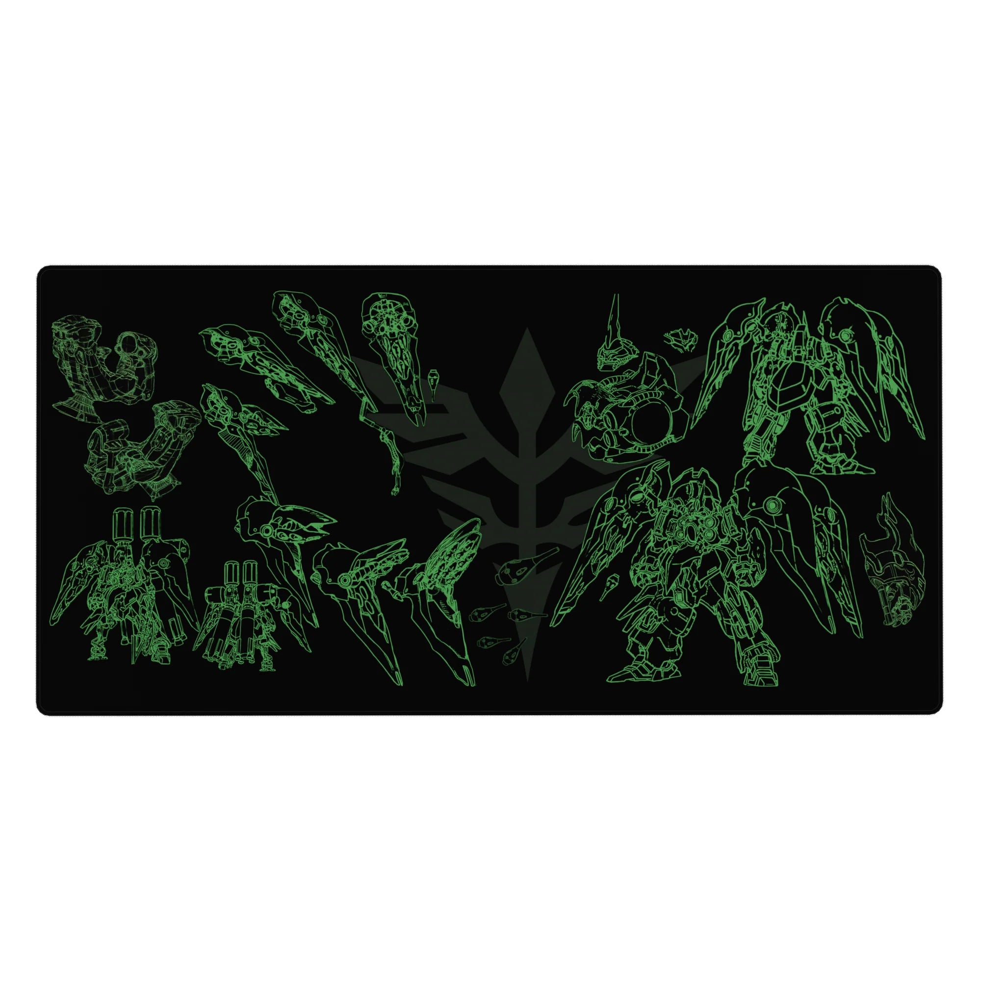 40x20 inches anime desk pad with Gundam-style mecha blueprint parts, wings, cannons, and armor layout.