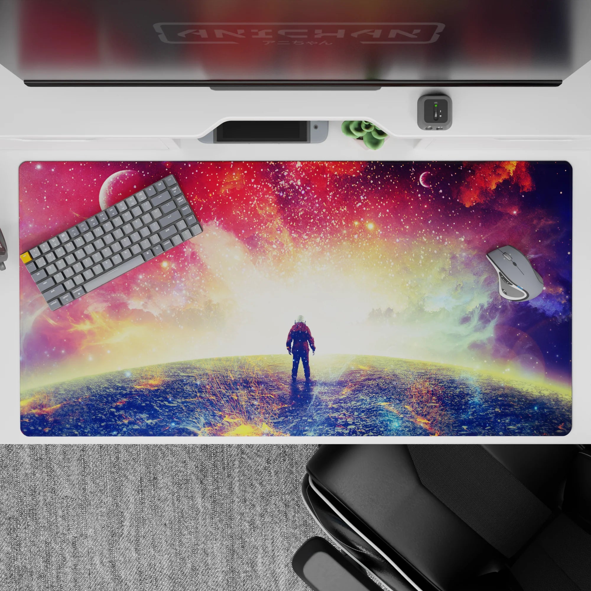 Cosmic desk pad 40x20 inches in rosy pink, fiery gold, and deep violet for a dreamy late-night vibe.