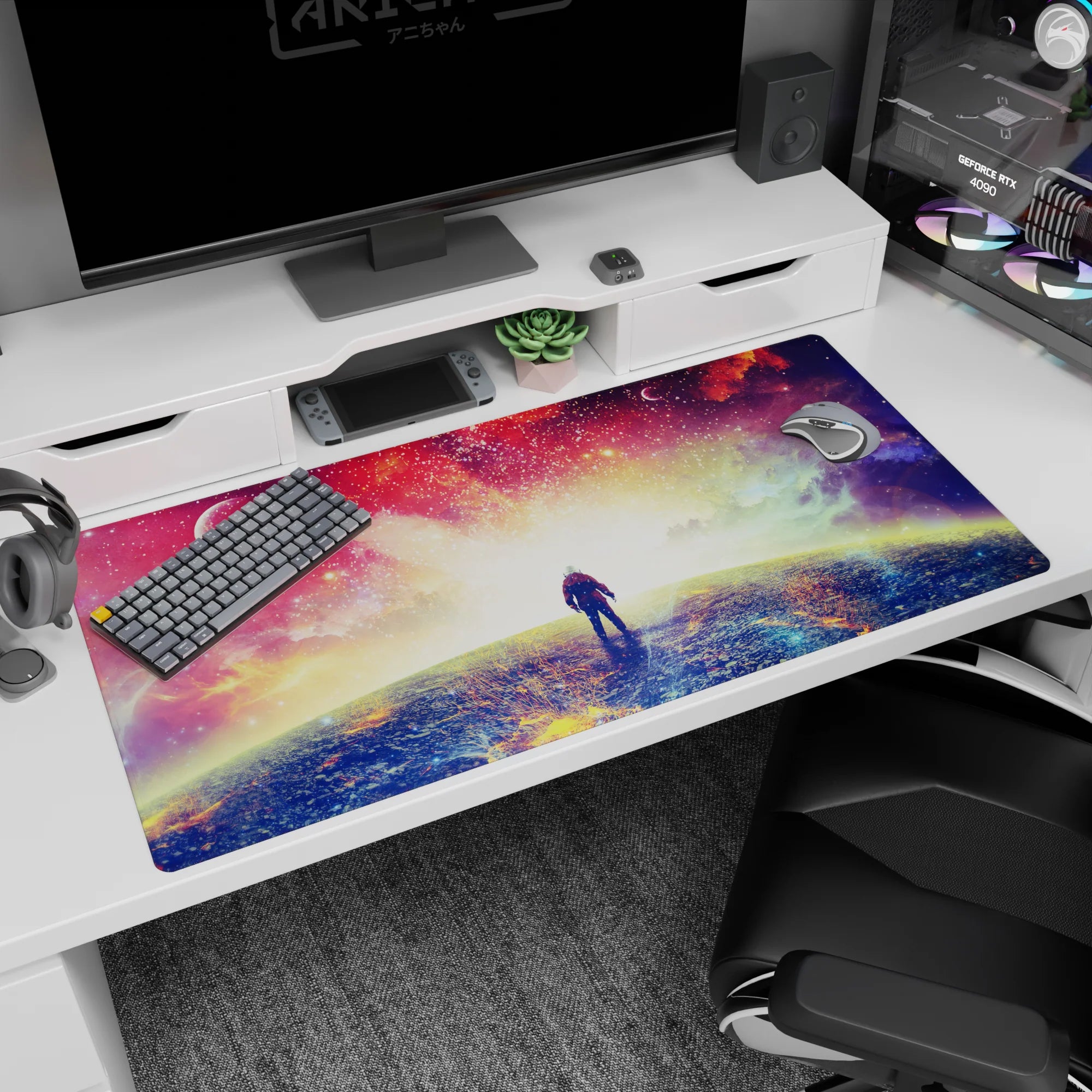 Space horizon glow desk pad 40x20 inches with floating planets and tiny stars across a violet sky.