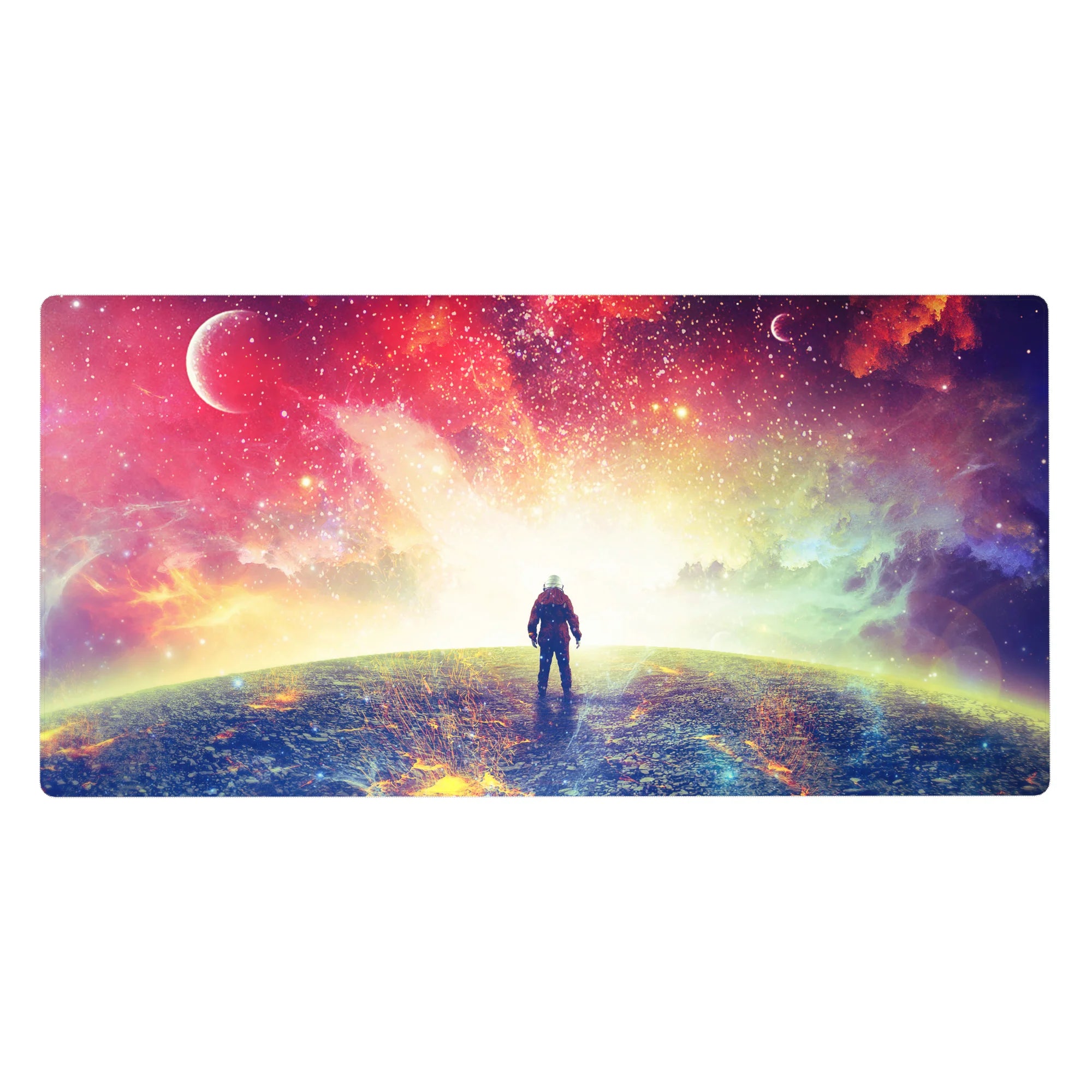 Galaxy gradient desk pad 40x20 inches with planets and scattered stars, brightening any workspace.