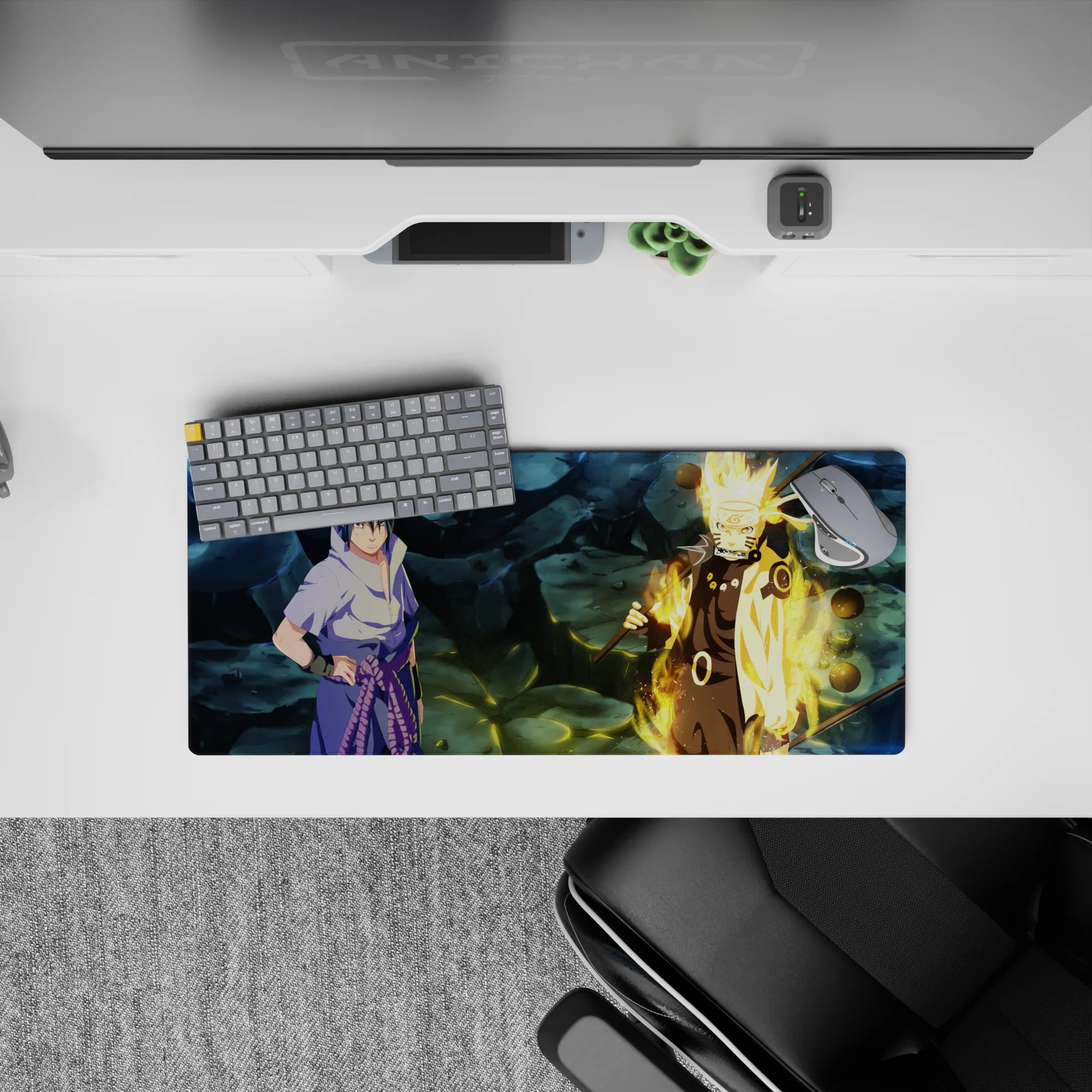 28x12 inches anime mouse pad in steel-blue shadows with Kurama chakra gold glow, moody warm light.