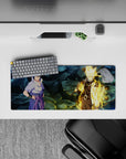 28x12 inches anime mouse pad in steel-blue shadows with Kurama chakra gold glow, moody warm light.