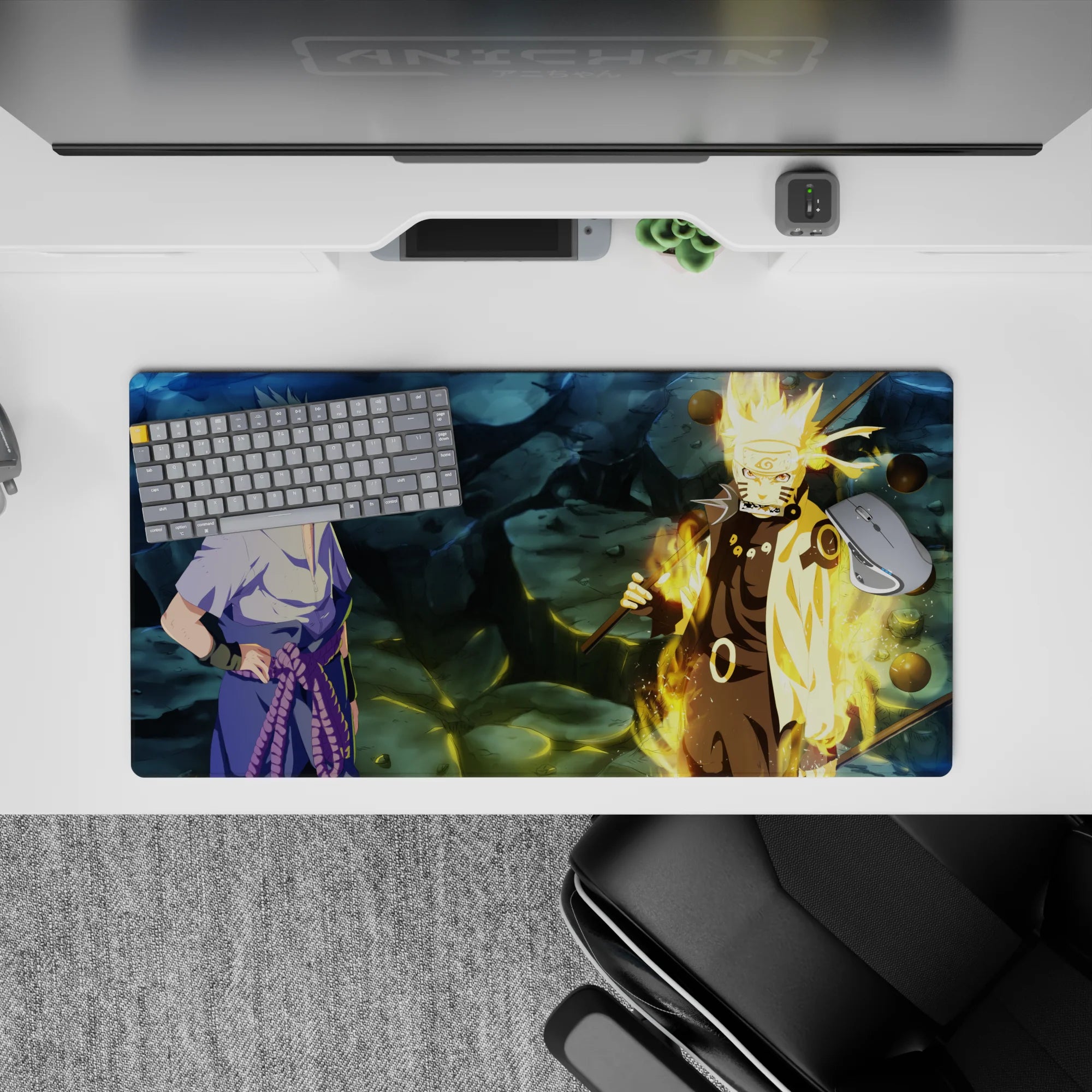 32x16 inches anime desk mat in moody steel-blue shadows with Kurama chakra gold highlights.