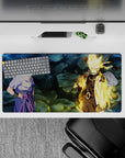 32x16 inches anime desk mat in moody steel-blue shadows with Kurama chakra gold highlights.