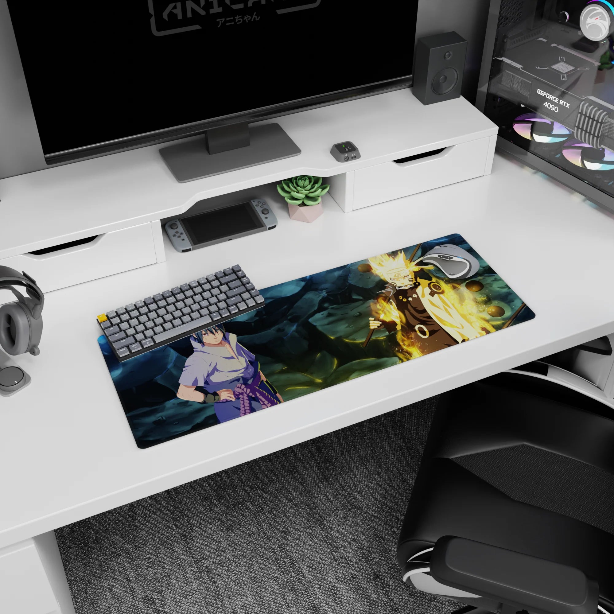 32x12 inches Naruto Shippuden mouse pad showing Sasuke vs Naruto with Truth-Seeking Orbs hovering.