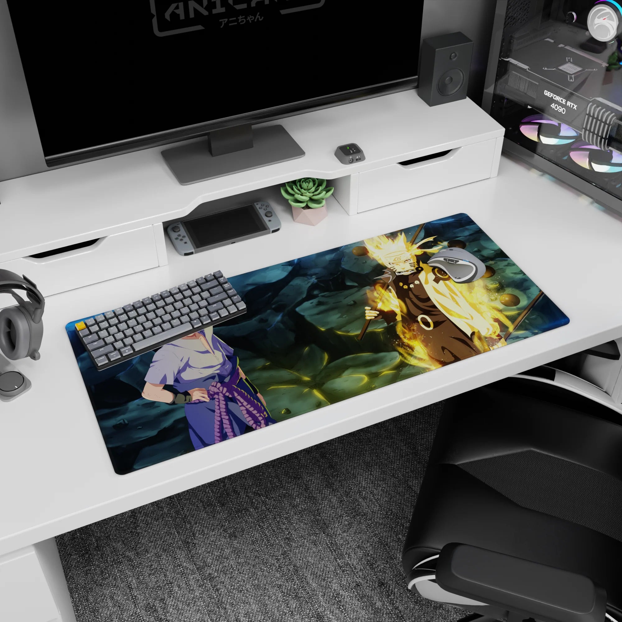 36x16 inches Naruto Shippuden desk pad featuring Sasuke Uchiha vs Naruto Uzumaki with Truth-Seeking Orbs.