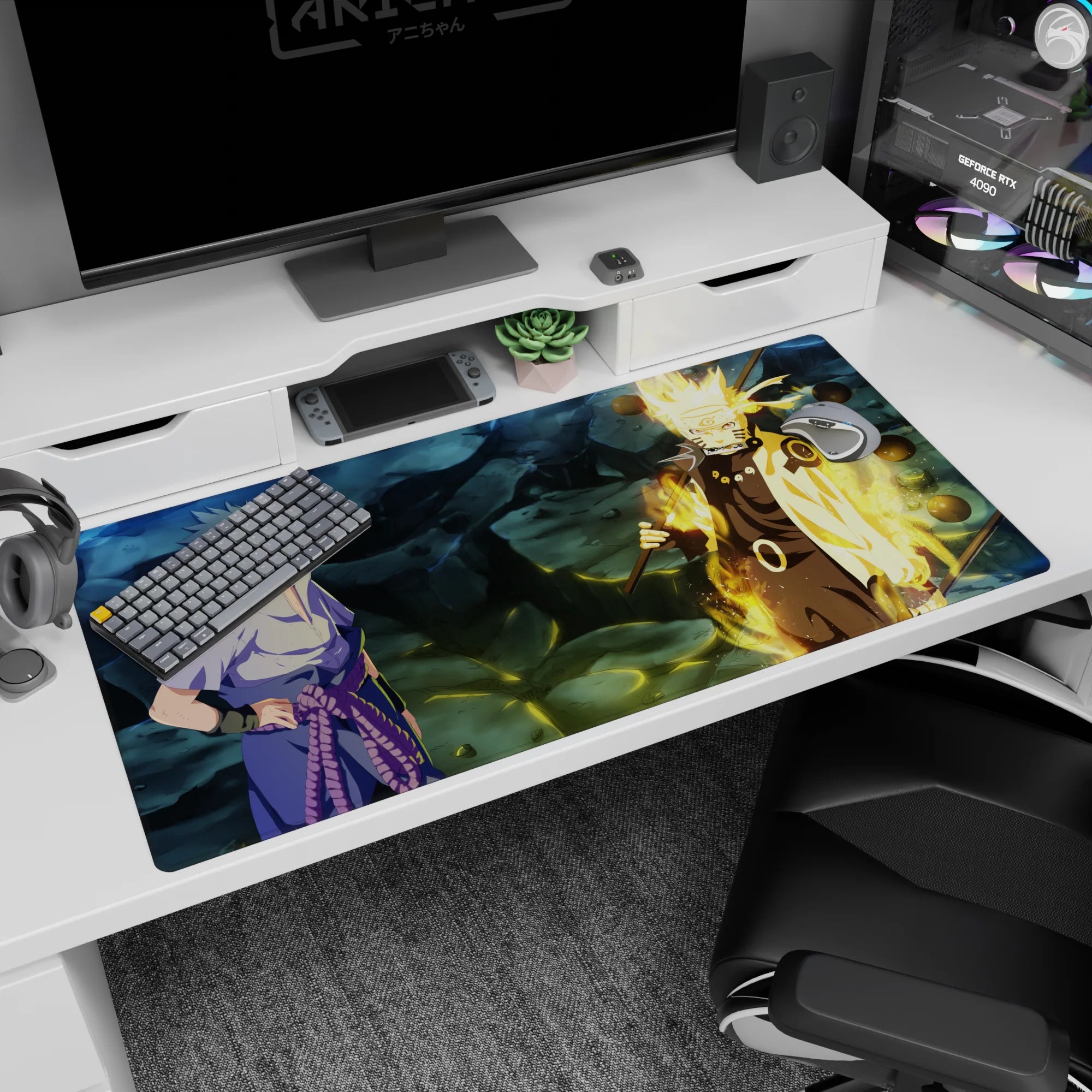 40x20 inches Naruto Shippuden desk pad showing Sasuke cool-toned and Naruto in chakra mode with orbs.