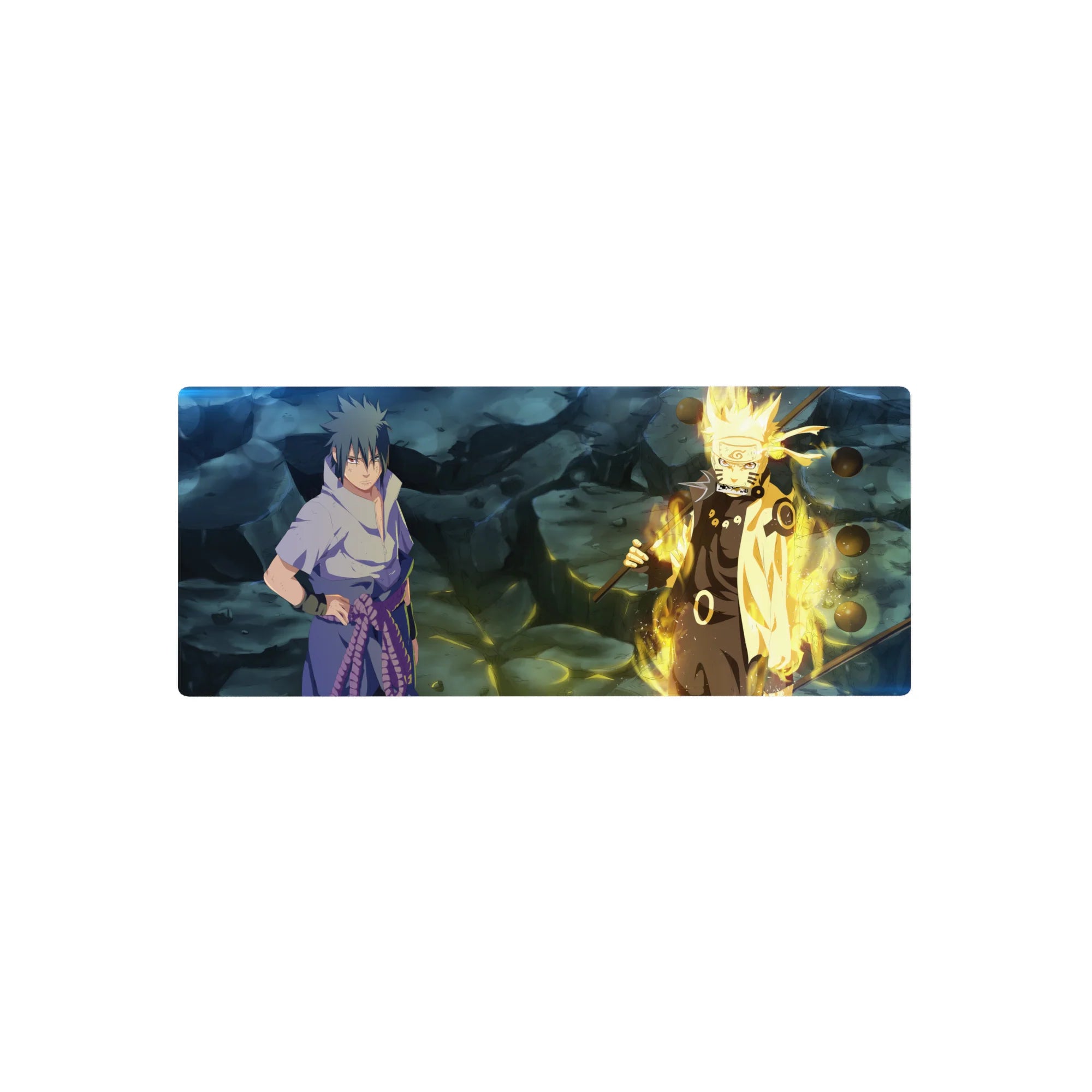 28x12 inches anime mouse pad with Naruto vs Sasuke, cracked rocky ground and floating orbs scene.