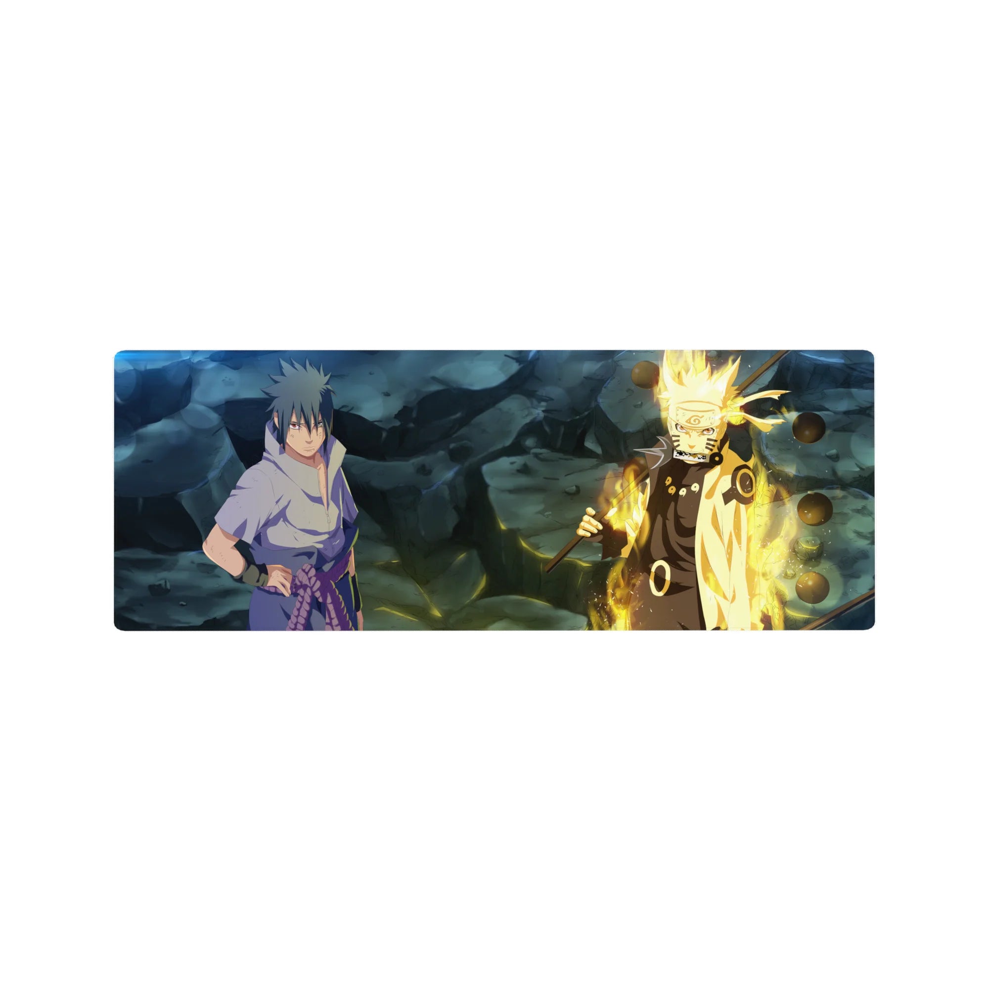32x12 inches anime mouse pad with Naruto and Sasuke, cracked rocky ground and glowing orbs artwork.