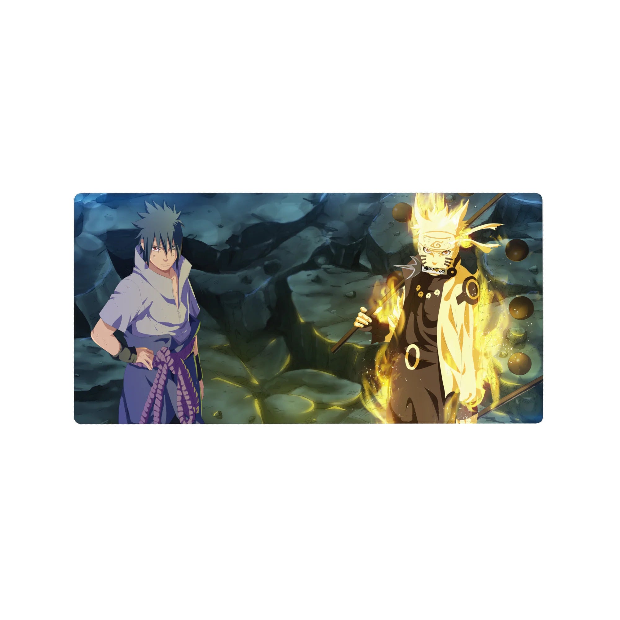 32x16 inches anime mouse pad featuring Naruto vs Sasuke on cracked rock with floating orbs and glow.