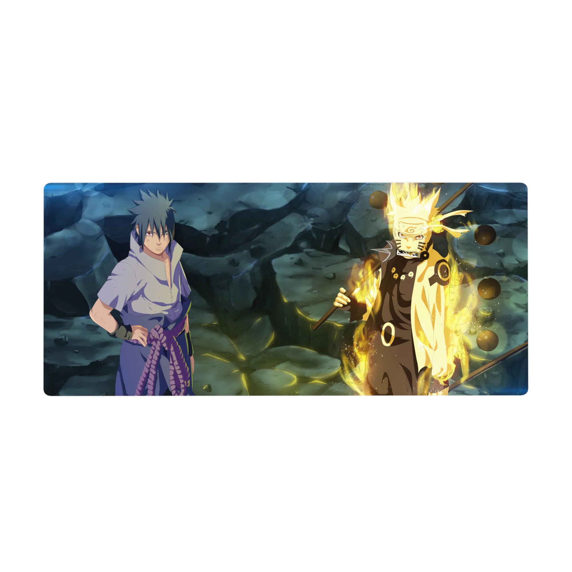 36x16 inches anime desk pad with Naruto and Sasuke clash on cracked rock, orbs floating overhead.