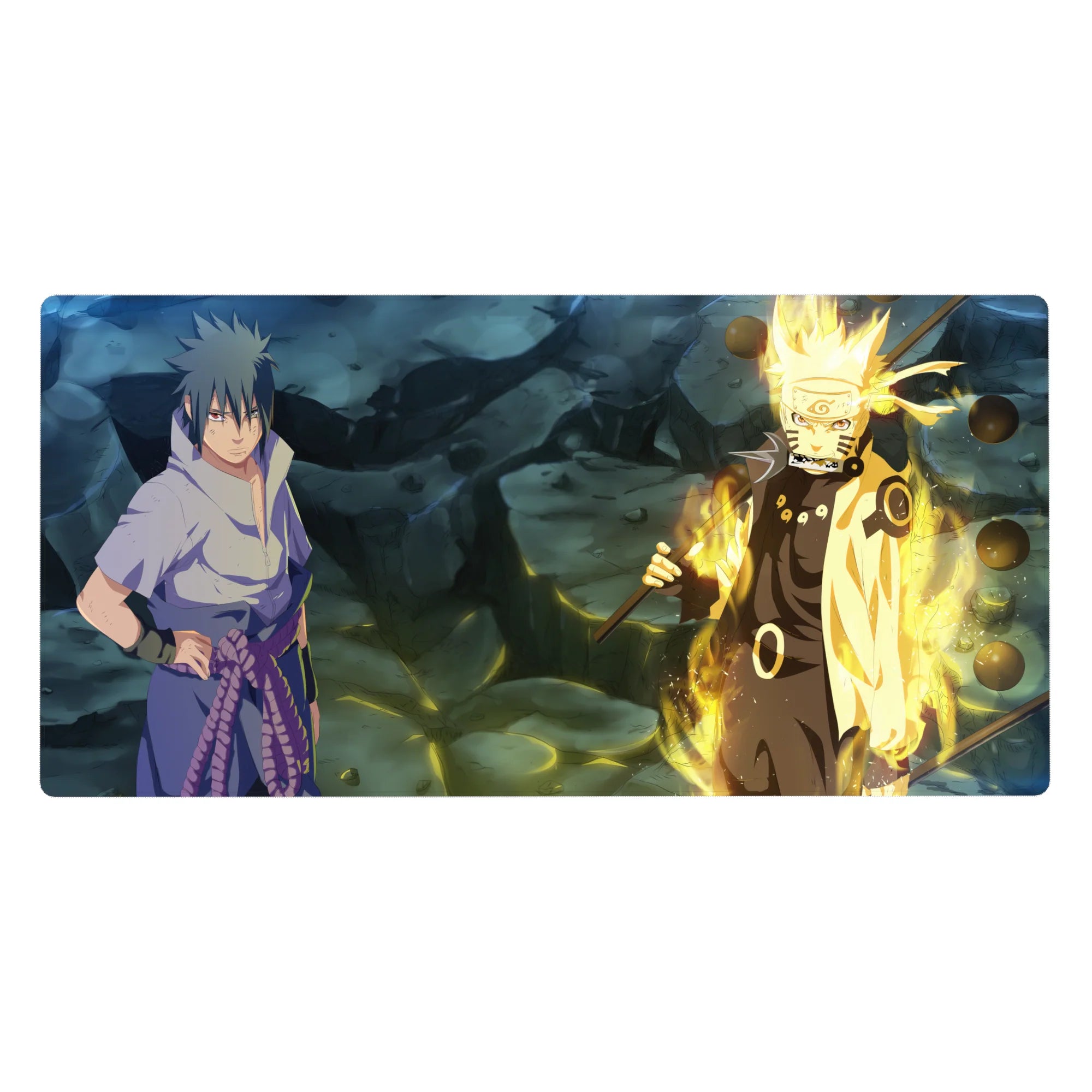 40x20 inches anime desk pad with Naruto vs Sasuke art, cracked rocky ground and floating orbs.