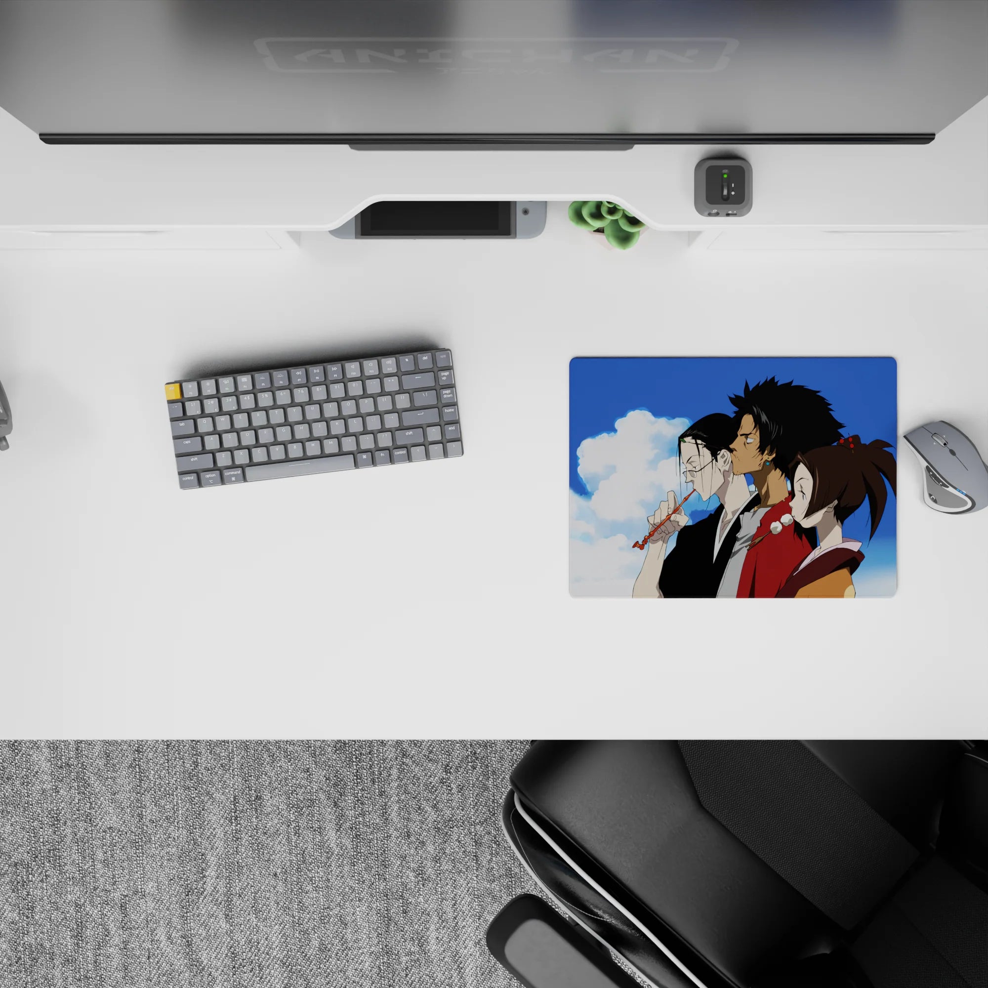 Peaceful 14x10 inches anime mouse pad in cool blues, warm browns, soft skin tones, calm vibe.