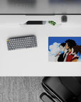 Peaceful 14x10 inches anime mouse pad in cool blues, warm browns, soft skin tones, calm vibe.